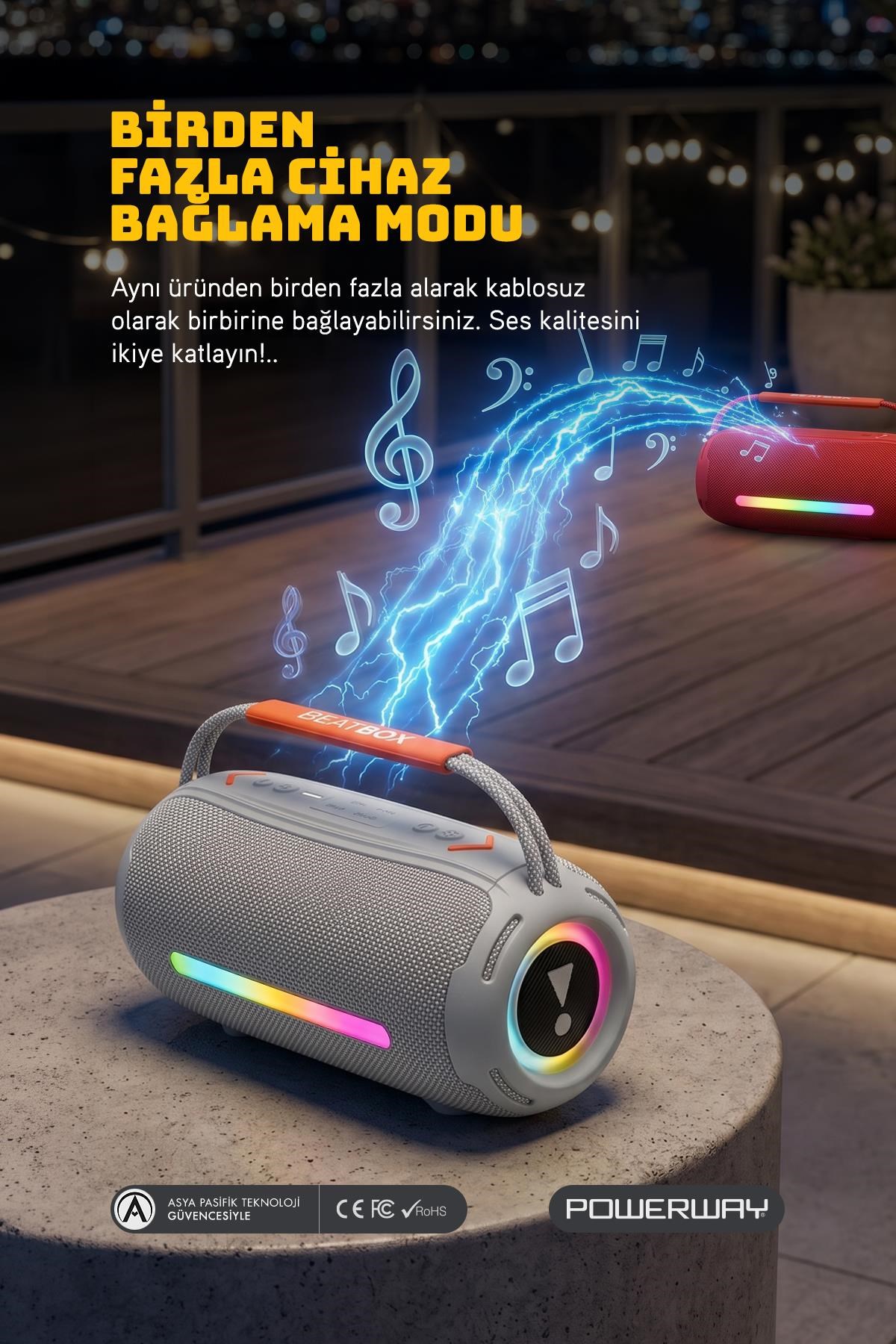 Powerway BeatBox Gri Led Işıklı Dayanıklı Ses Bombası Usb Sd Aux FM Radyo Bluetooh Hoparlör