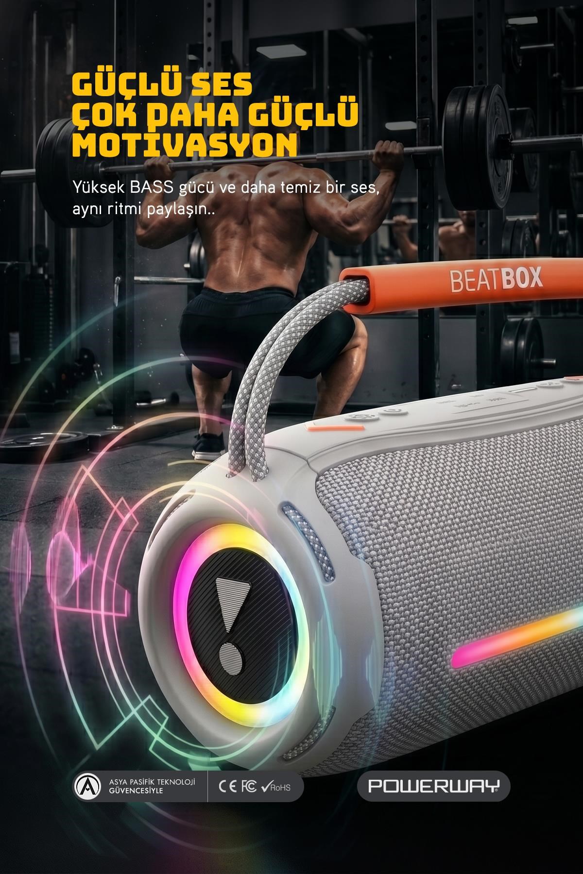 Powerway BeatBox Gri Led Işıklı Dayanıklı Ses Bombası Usb Sd Aux FM Radyo Bluetooh Hoparlör