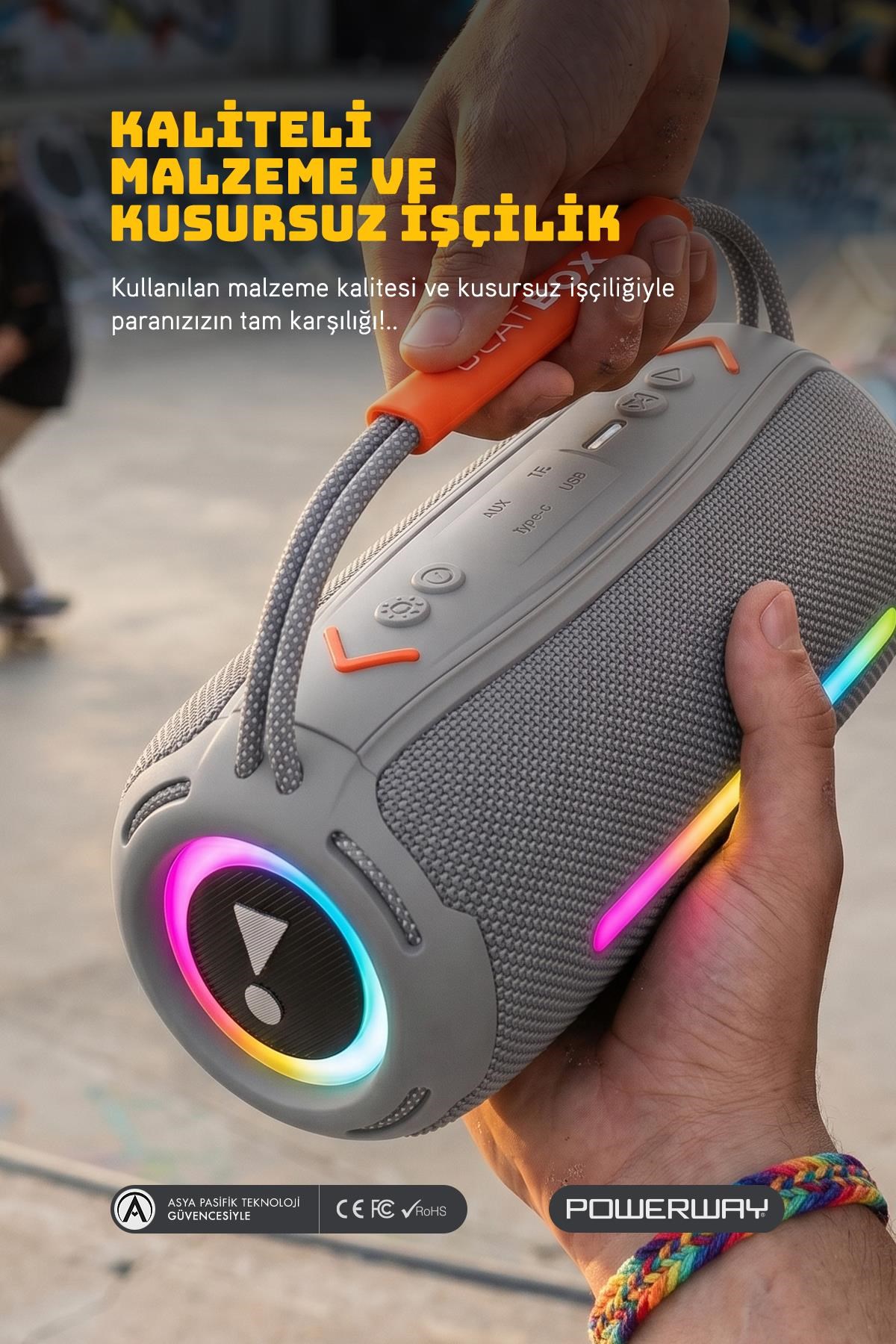 Powerway BeatBox Gri Led Işıklı Dayanıklı Ses Bombası Usb Sd Aux FM Radyo Bluetooh Hoparlör
