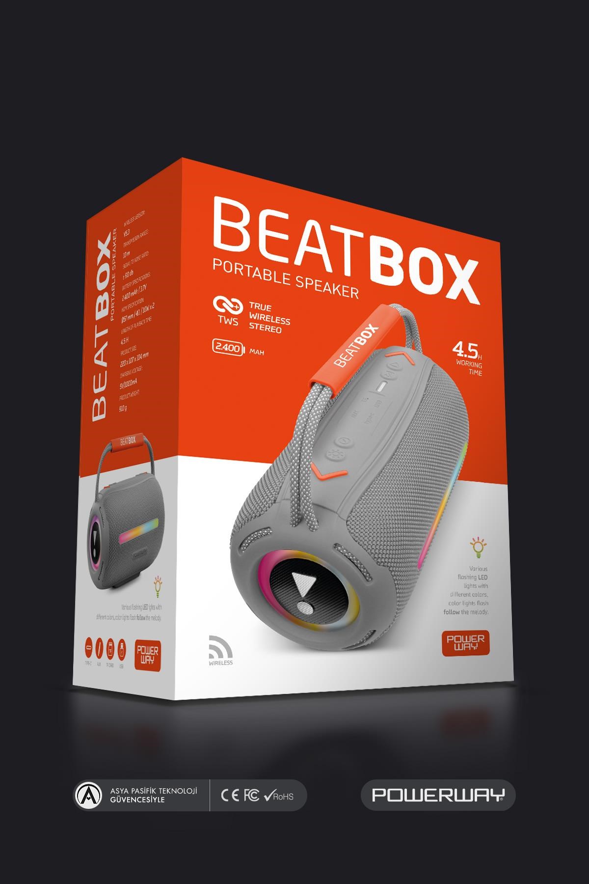 Powerway BeatBox Gri Led Işıklı Dayanıklı Ses Bombası Usb Sd Aux FM Radyo Bluetooh Hoparlör