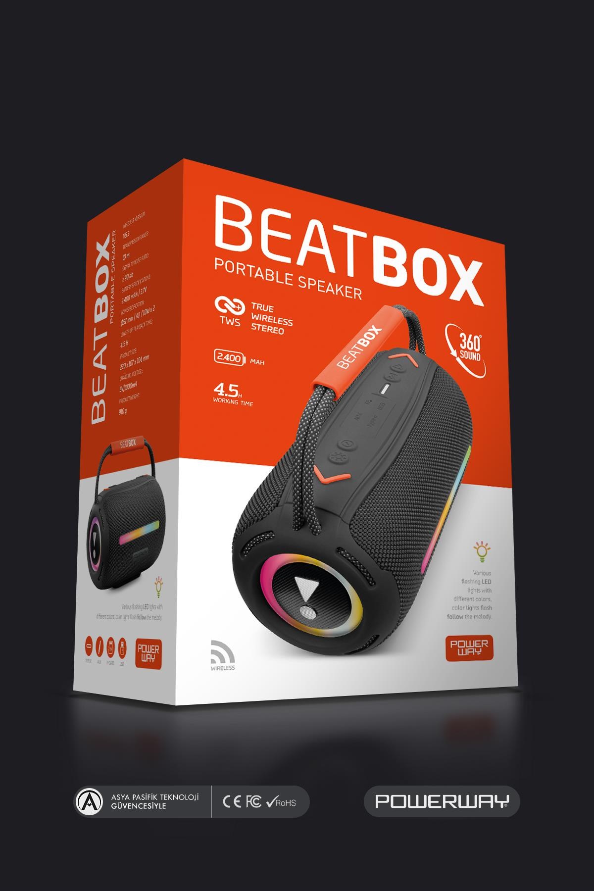 Powerway BeatBox Siyah Led Işıklı Dayanıklı Ses Bombası Usb Sd Aux FM Radyo Bluetooh Hoparlör