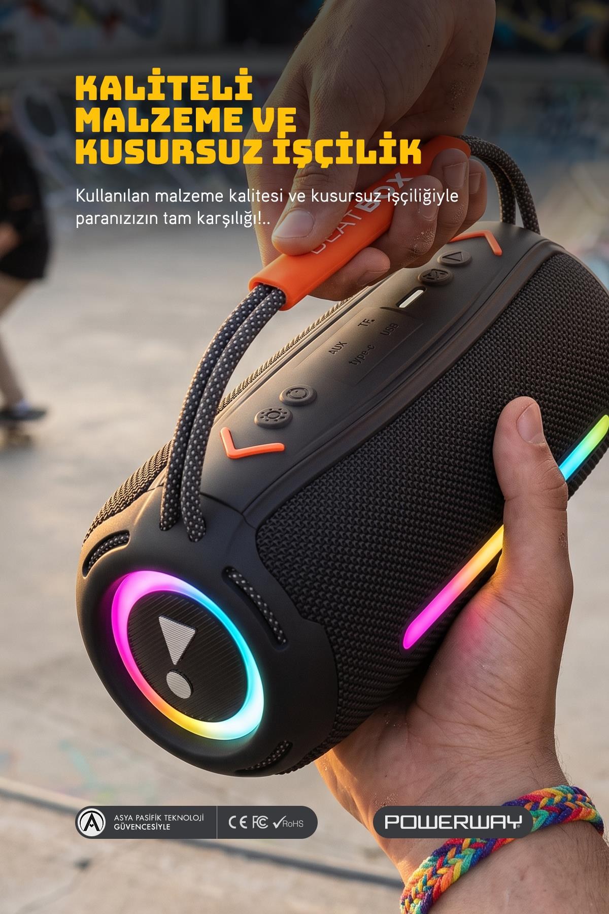 Powerway BeatBox Siyah Led Işıklı Dayanıklı Ses Bombası Usb Sd Aux FM Radyo Bluetooh Hoparlör