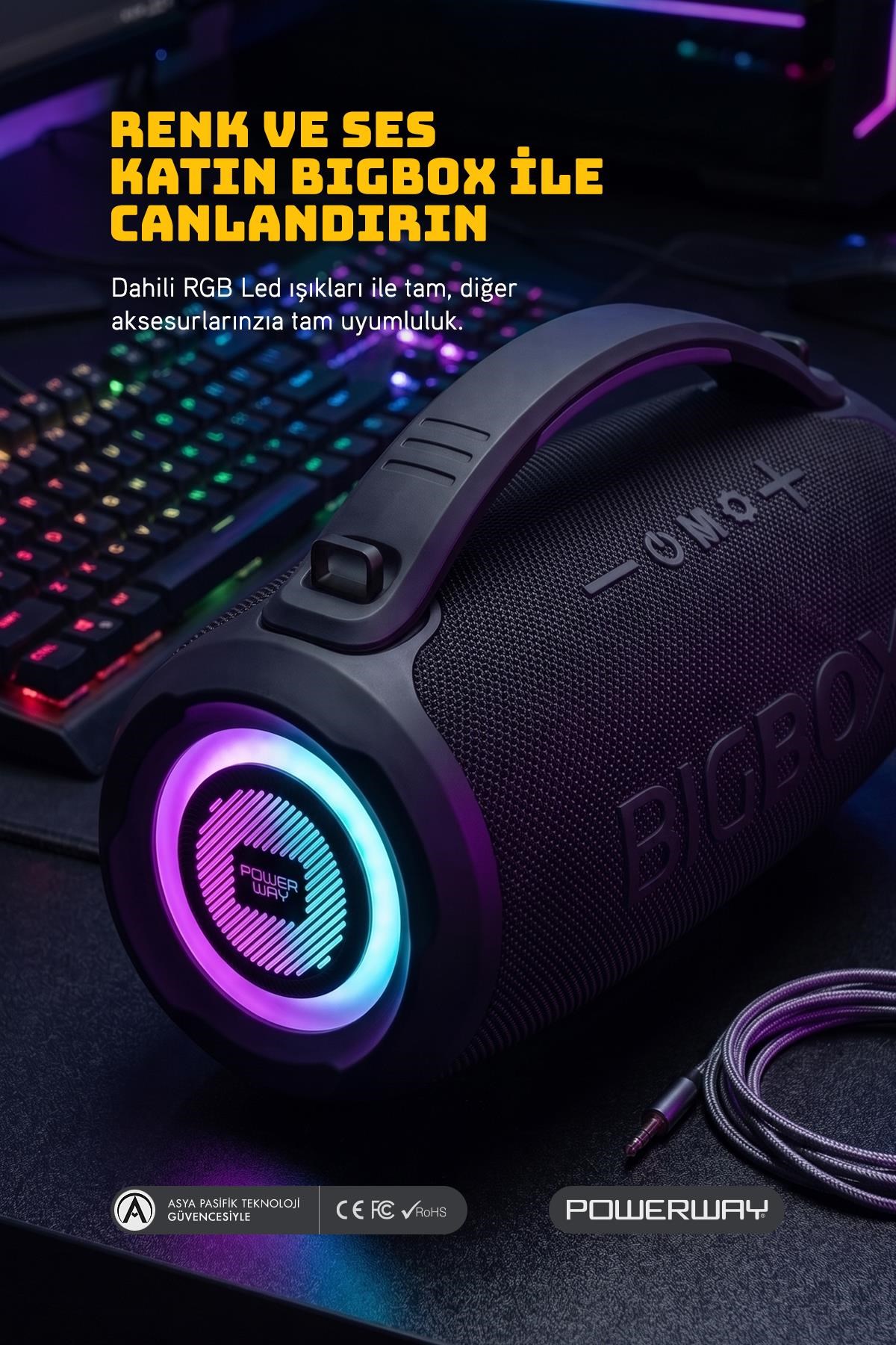 Powerway Bigbox 40W Güç Çift Bass Usb Hafıza Kartı Aux Fm Led Işıklı Bluetooth Hoparlör Hi-Fi