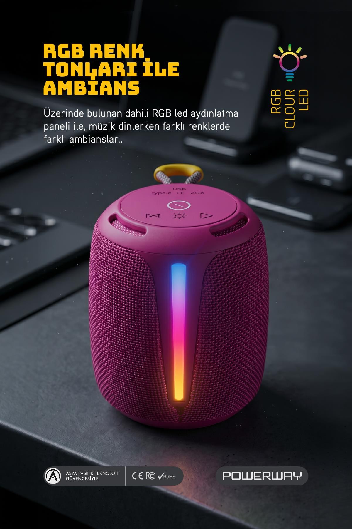 Powerway Bold Eflatun Taşınabilir Ses Bombası Kablosuz Bluetooth Hoparlör Speaker Yüksek Sesli TWS