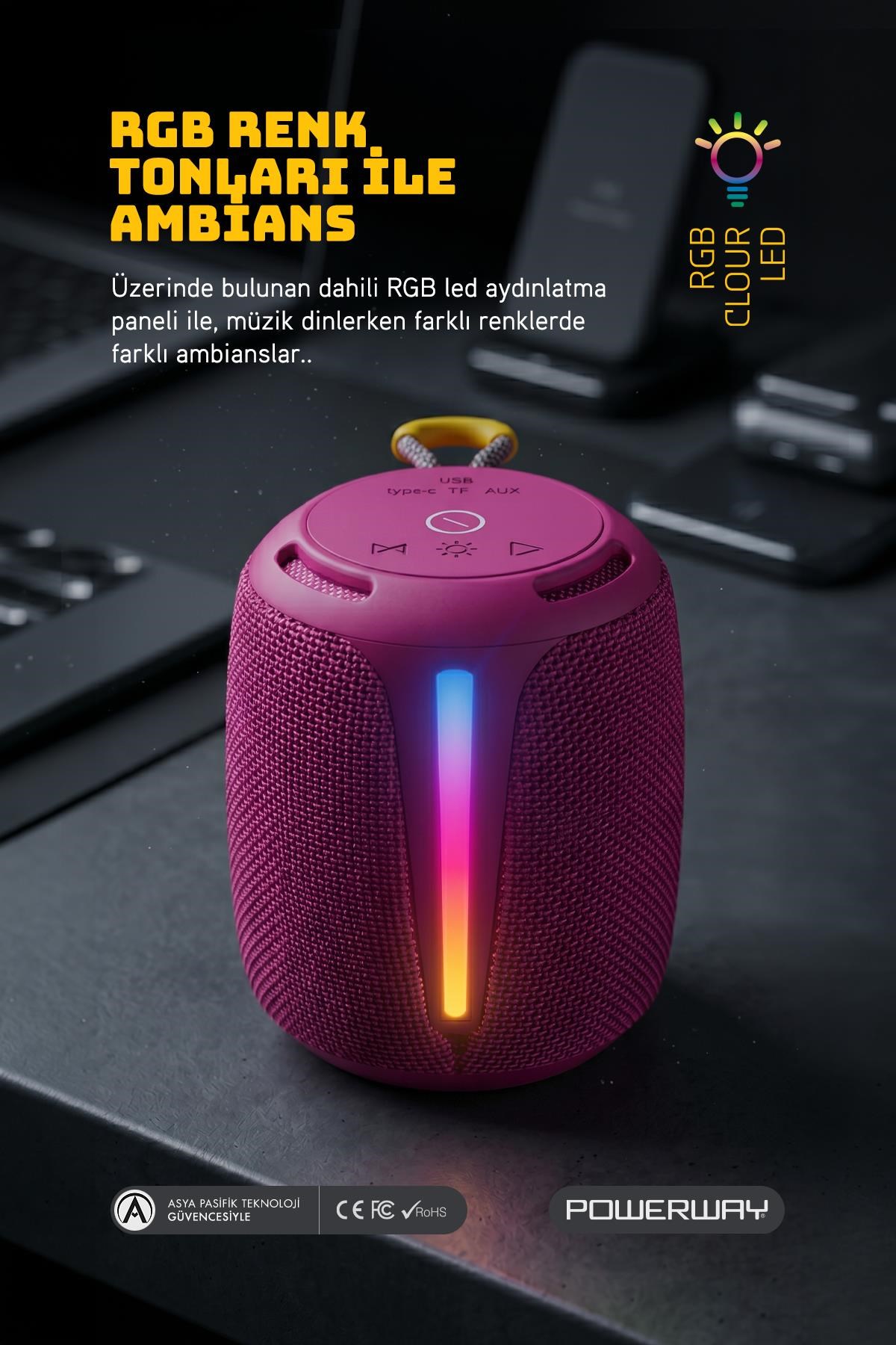 Powerway Bold Eflatun Taşınabilir Ses Bombası Kablosuz Bluetooth Hoparlör Speaker Yüksek Sesli TWS