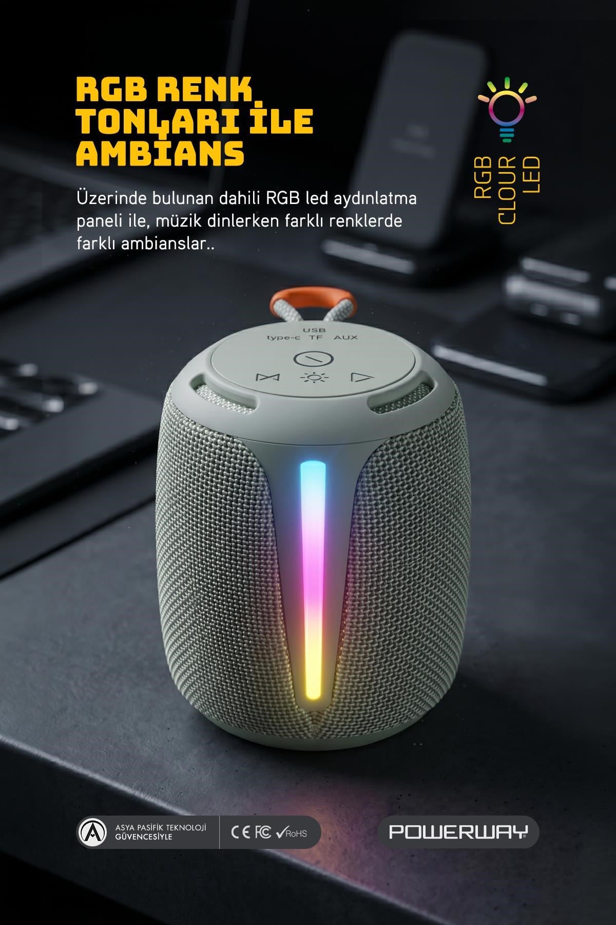 Powerway Bold Gri Taşınabilir Ses Bombası Kablosuz Bluetooth Hoparlör Speaker Yüksek Sesli TWS