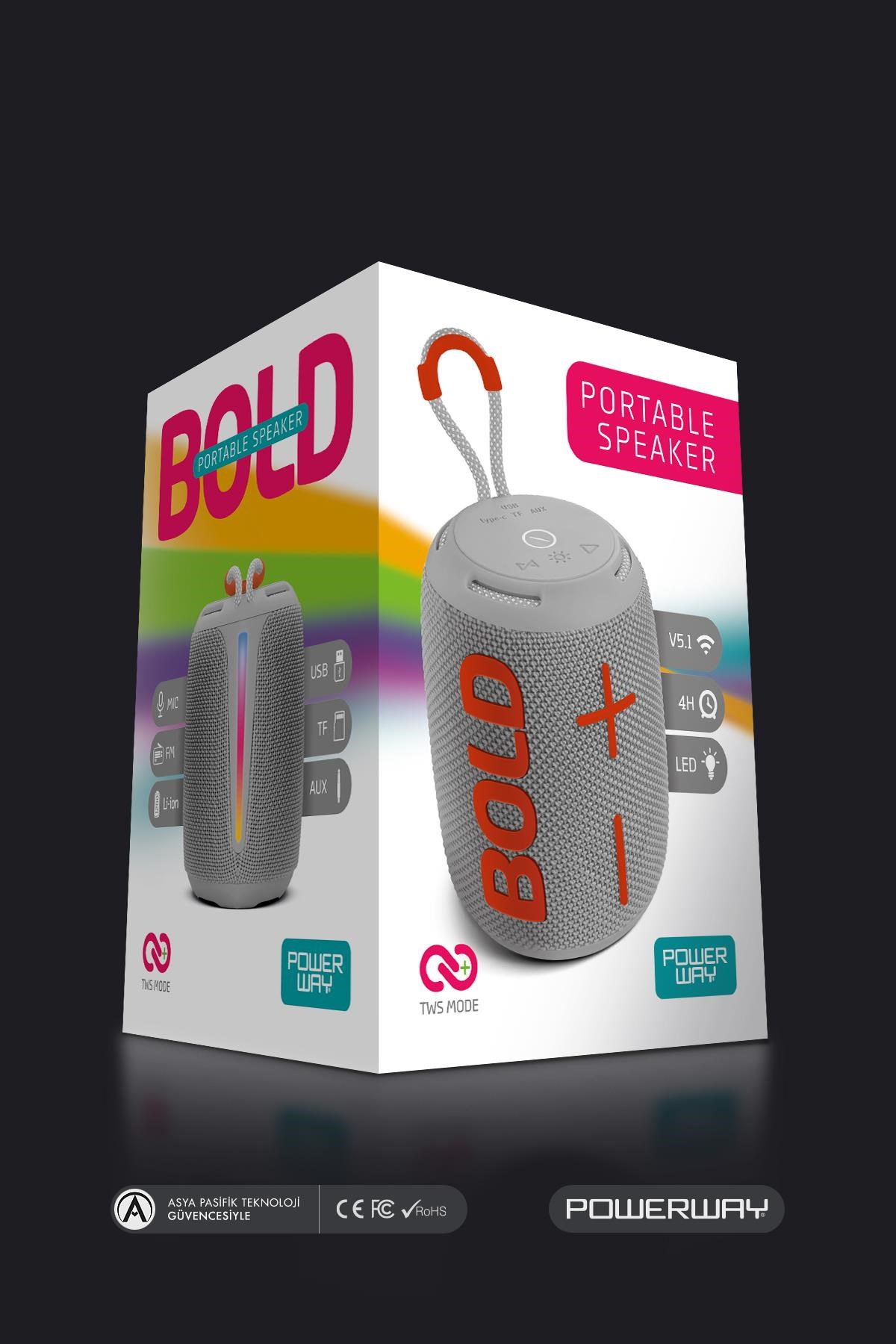 Powerway Bold Gri Taşınabilir Ses Bombası Kablosuz Bluetooth Hoparlör Speaker Yüksek Sesli TWS