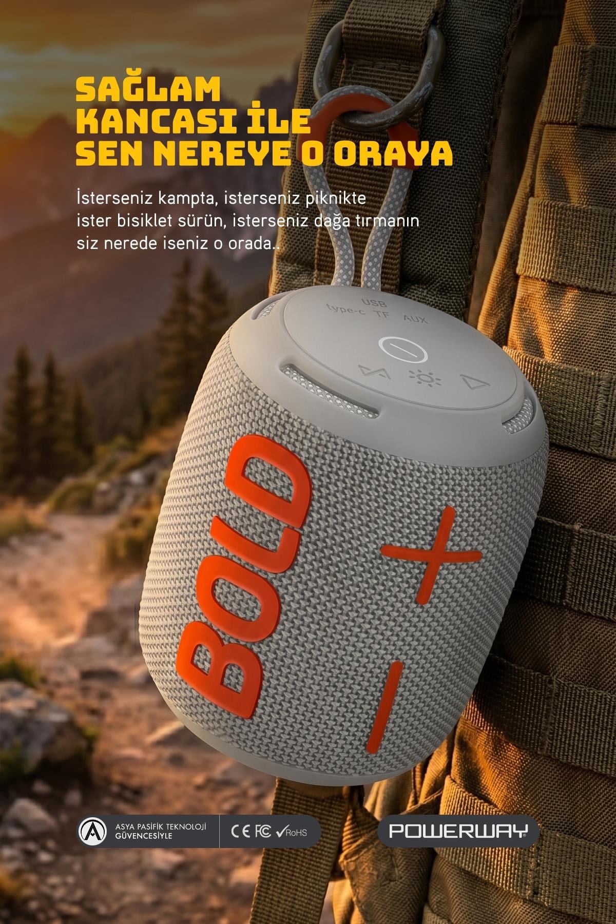Powerway Bold Gri Taşınabilir Ses Bombası Kablosuz Bluetooth Hoparlör Speaker Yüksek Sesli TWS