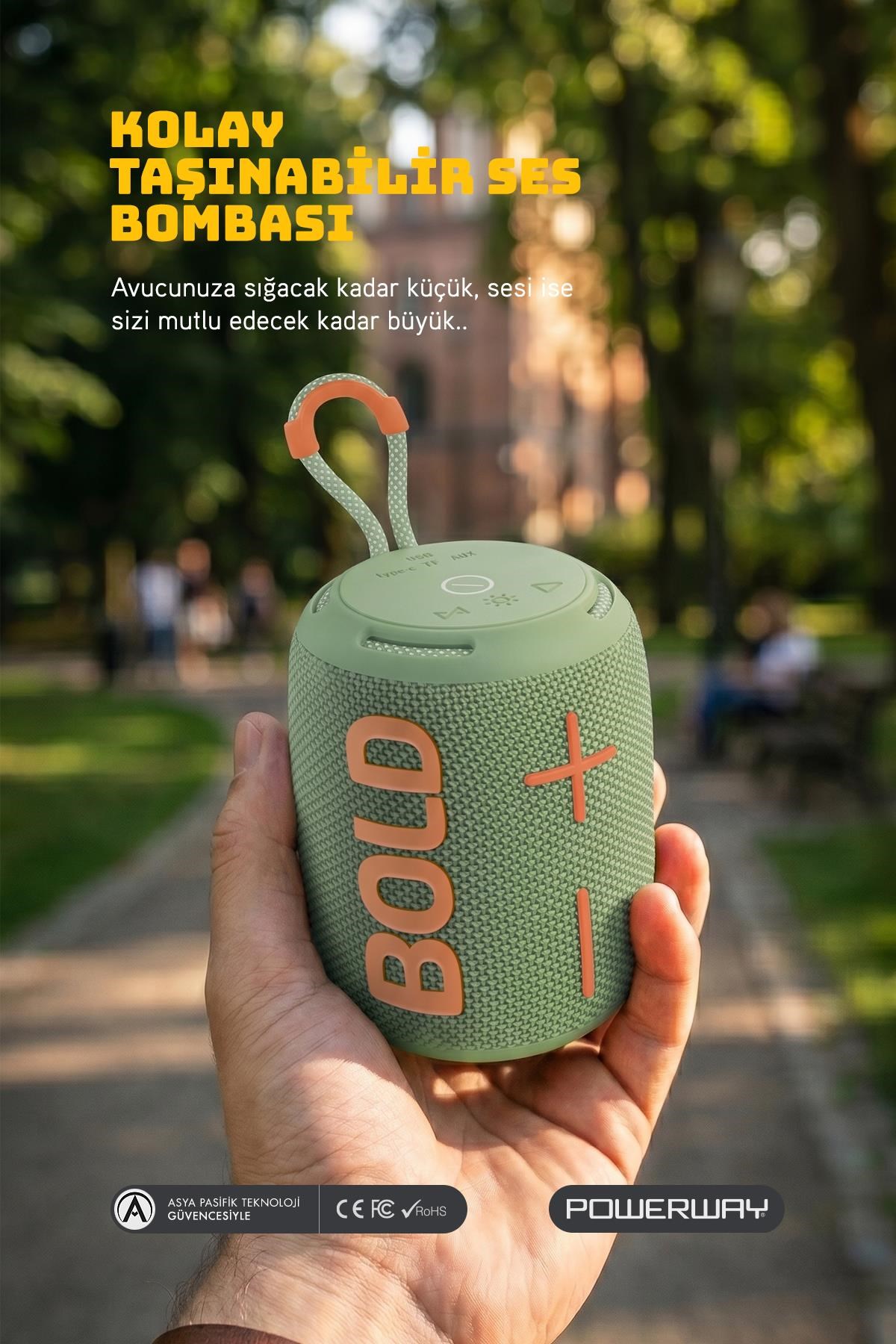 Powerway Bold Haki Taşınabilir Ses Bombası Kablosuz Bluetooth Hoparlör Speaker Yüksek Sesli TWS