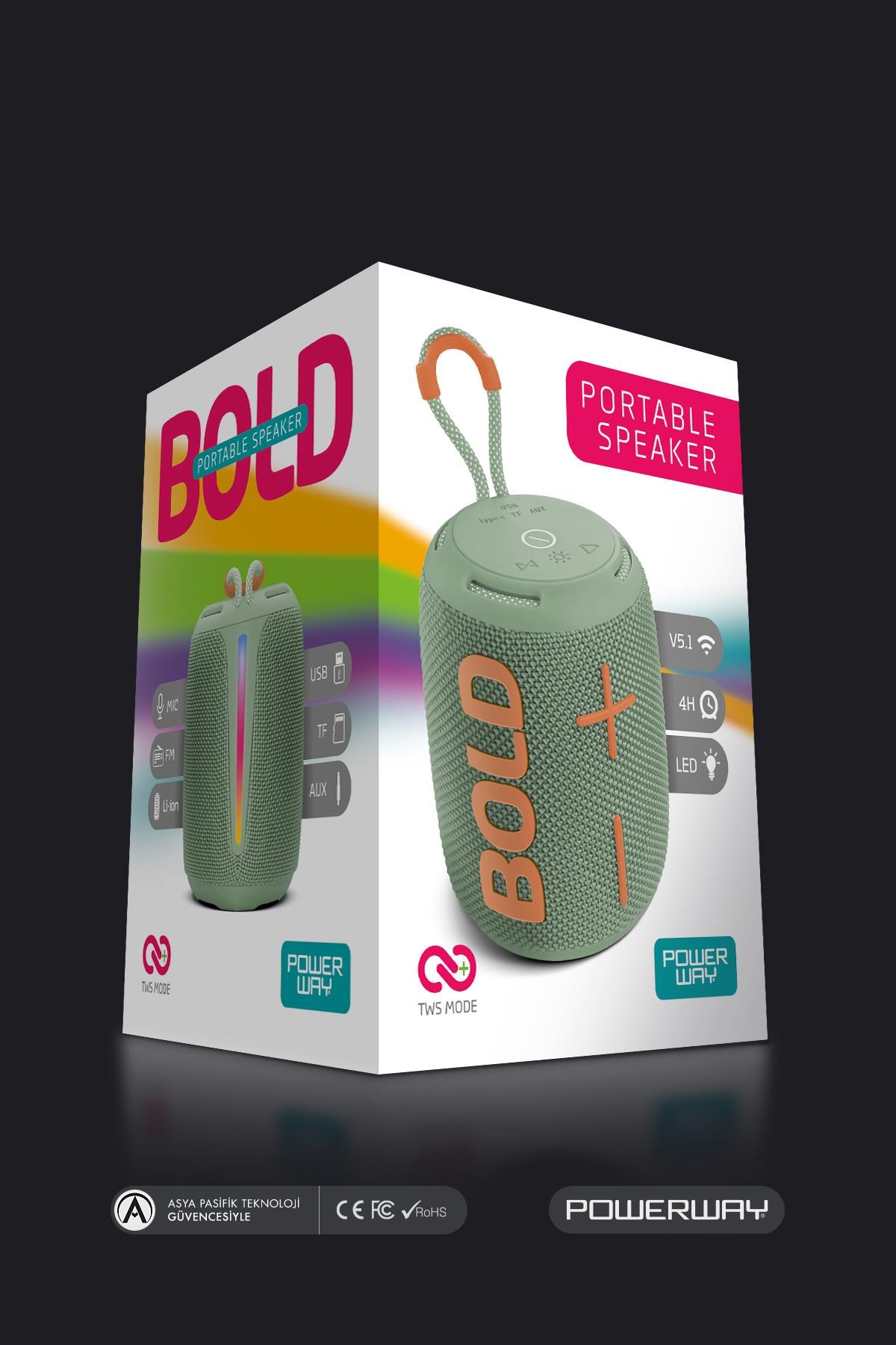 Powerway Bold Haki Taşınabilir Ses Bombası Kablosuz Bluetooth Hoparlör Speaker Yüksek Sesli TWS
