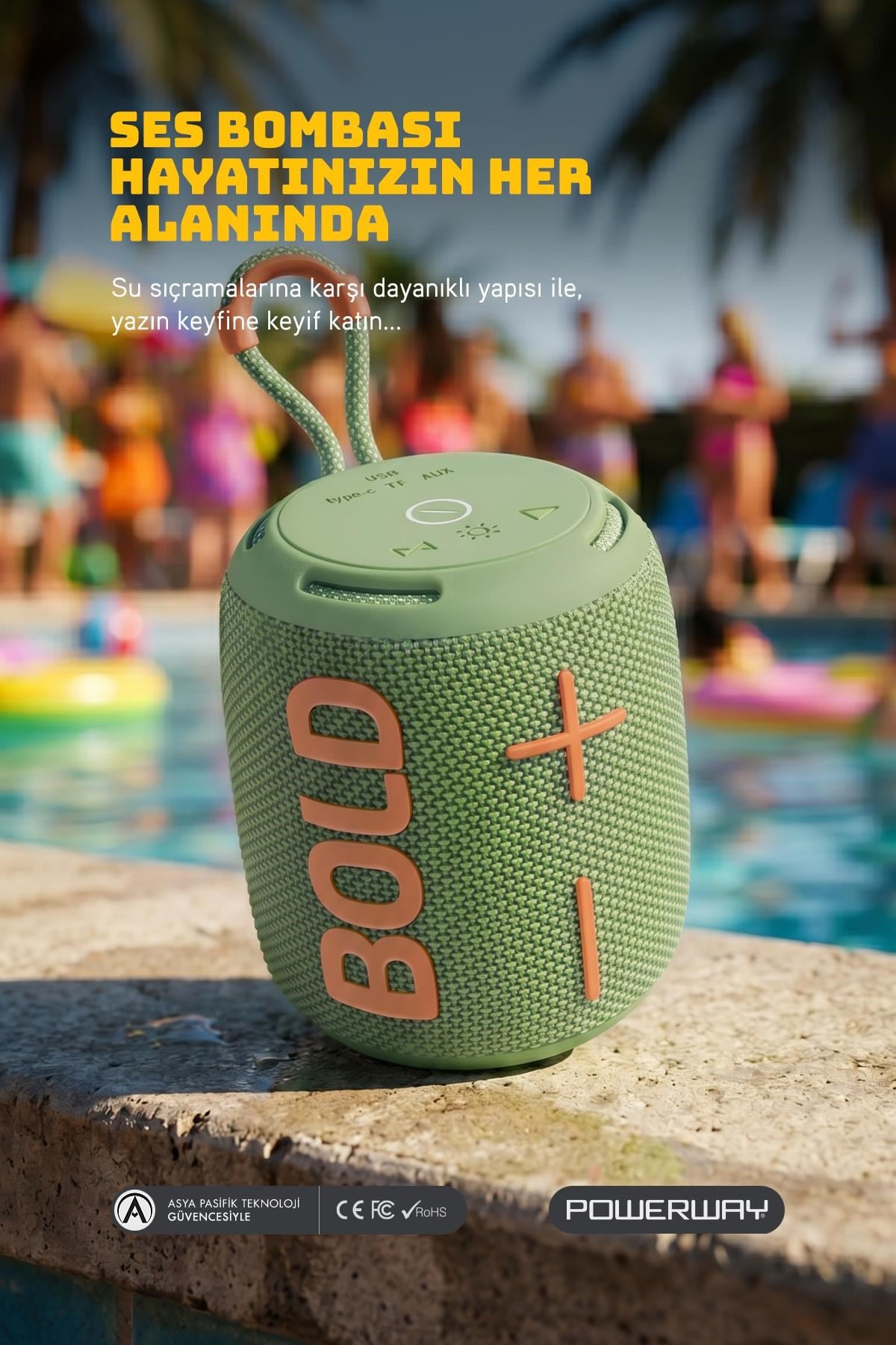 Powerway Bold Haki Taşınabilir Ses Bombası Kablosuz Bluetooth Hoparlör Speaker Yüksek Sesli TWS