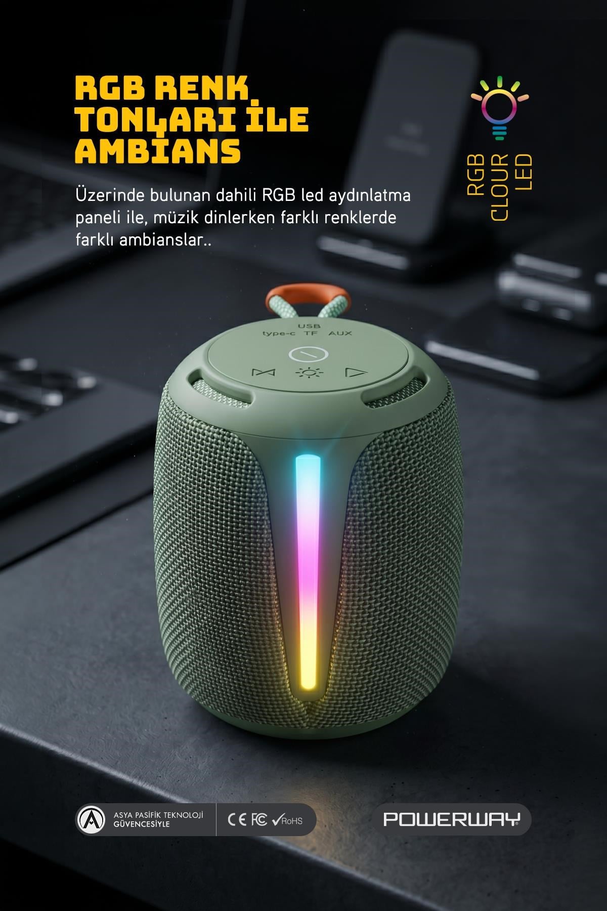 Powerway Bold Haki Taşınabilir Ses Bombası Kablosuz Bluetooth Hoparlör Speaker Yüksek Sesli TWS