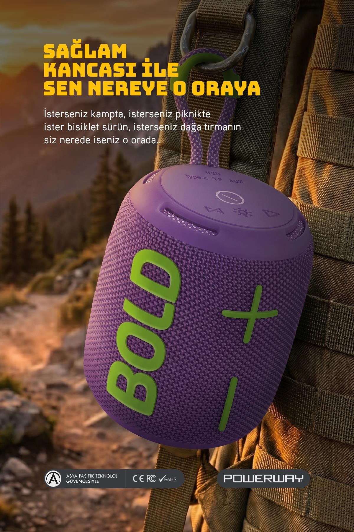 Powerway Bold Mor Taşınabilir Ses Bombası Kablosuz Bluetooth Hoparlör Speaker Yüksek Sesli TWS