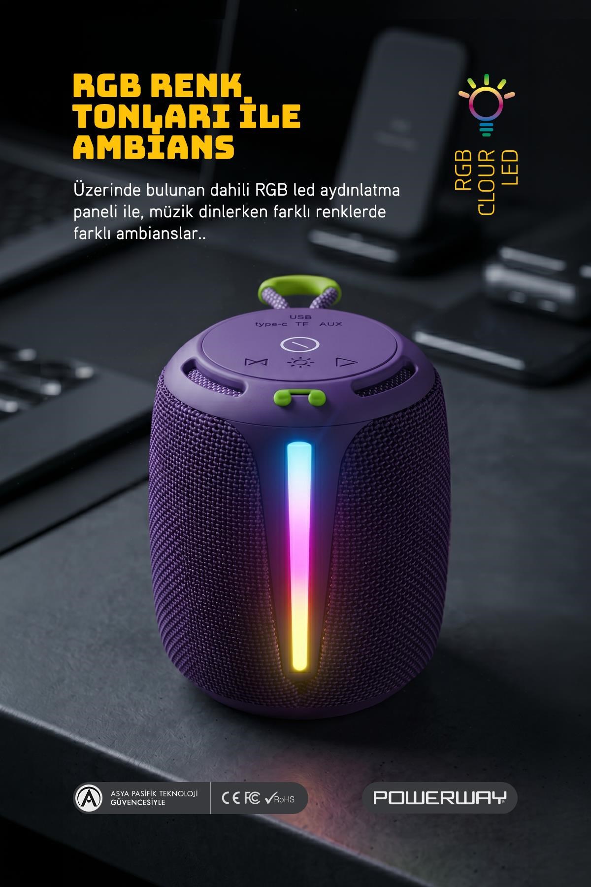 Powerway Bold Mor Taşınabilir Ses Bombası Kablosuz Bluetooth Hoparlör Speaker Yüksek Sesli TWS