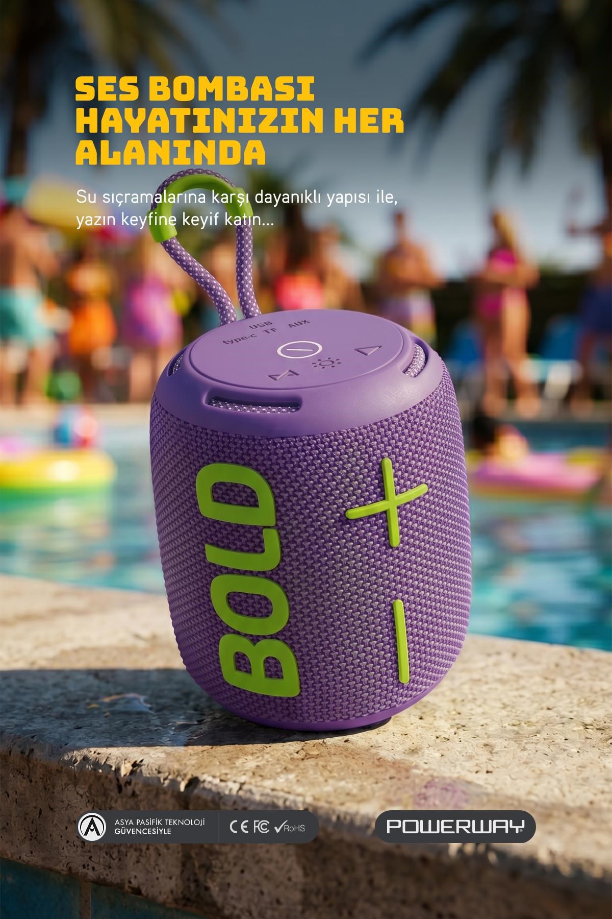 Powerway Bold Mor Taşınabilir Ses Bombası Kablosuz Bluetooth Hoparlör Speaker Yüksek Sesli TWS