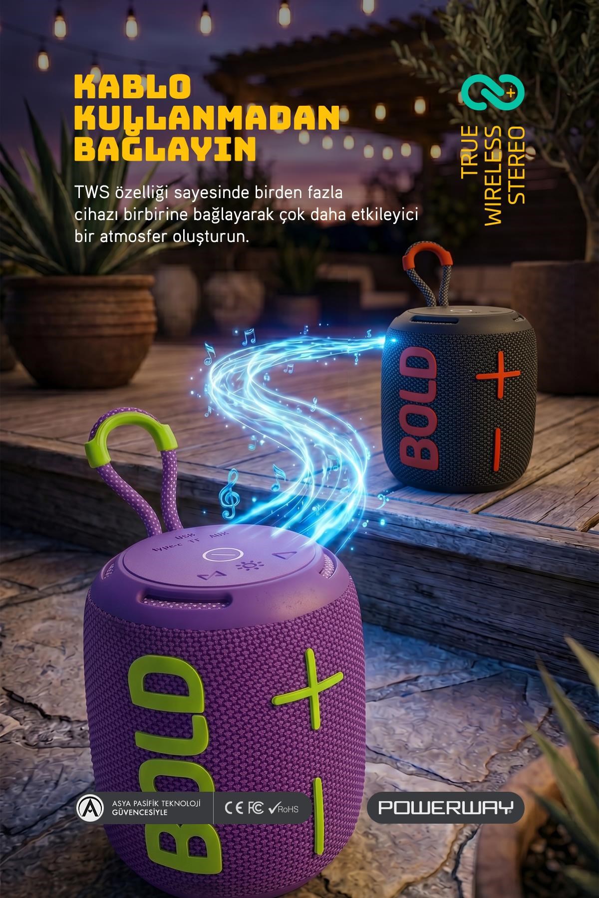 Powerway Bold Mor Taşınabilir Ses Bombası Kablosuz Bluetooth Hoparlör Speaker Yüksek Sesli TWS