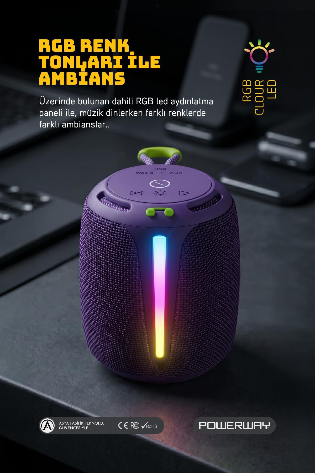 Powerway Bold Mor Taşınabilir Ses Bombası Kablosuz Bluetooth Hoparlör Speaker Yüksek Sesli TWS