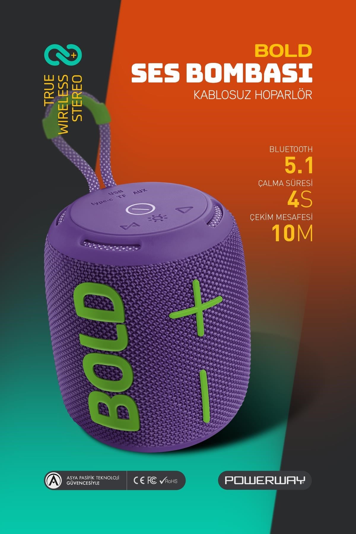 Powerway Bold Mor Taşınabilir Ses Bombası Kablosuz Bluetooth Hoparlör Speaker Yüksek Sesli TWS