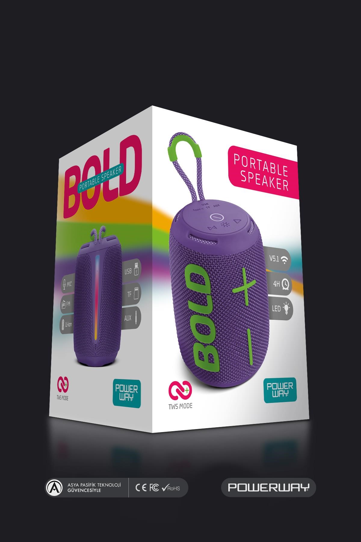 Powerway Bold Mor Taşınabilir Ses Bombası Kablosuz Bluetooth Hoparlör Speaker Yüksek Sesli TWS