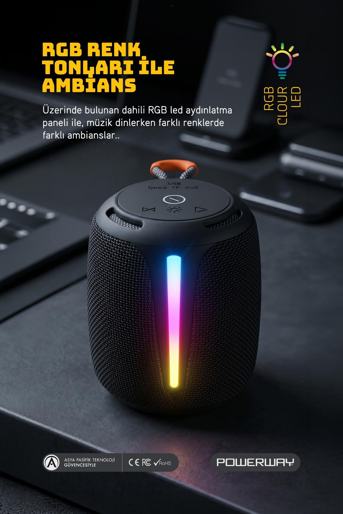 Powerway Bold Siyah Taşınabilir Ses Bombası Kablosuz Bluetooth Hoparlör Speaker Yüksek Sesli TWS