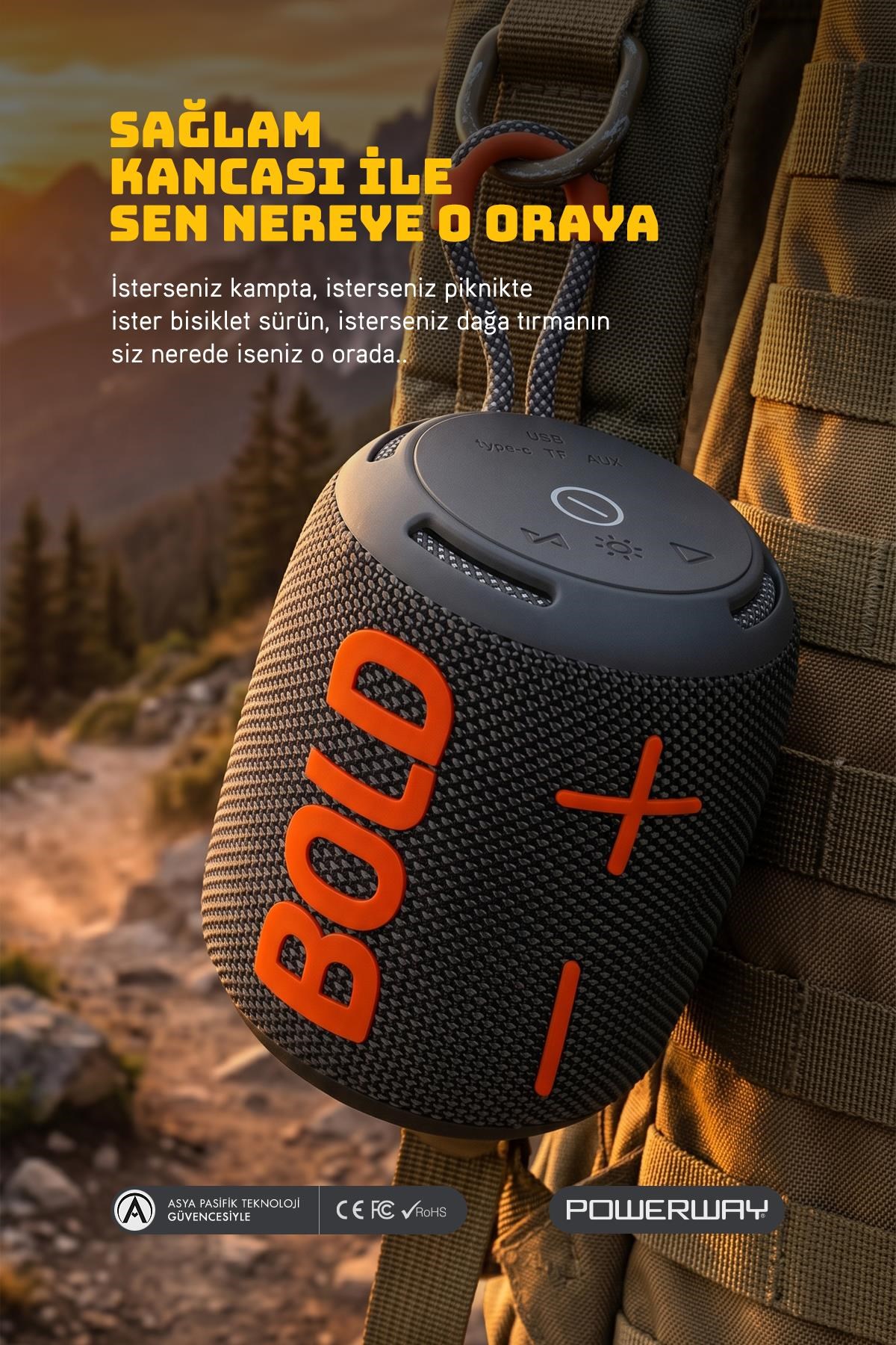 Powerway Bold Siyah Taşınabilir Ses Bombası Kablosuz Bluetooth Hoparlör Speaker Yüksek Sesli TWS