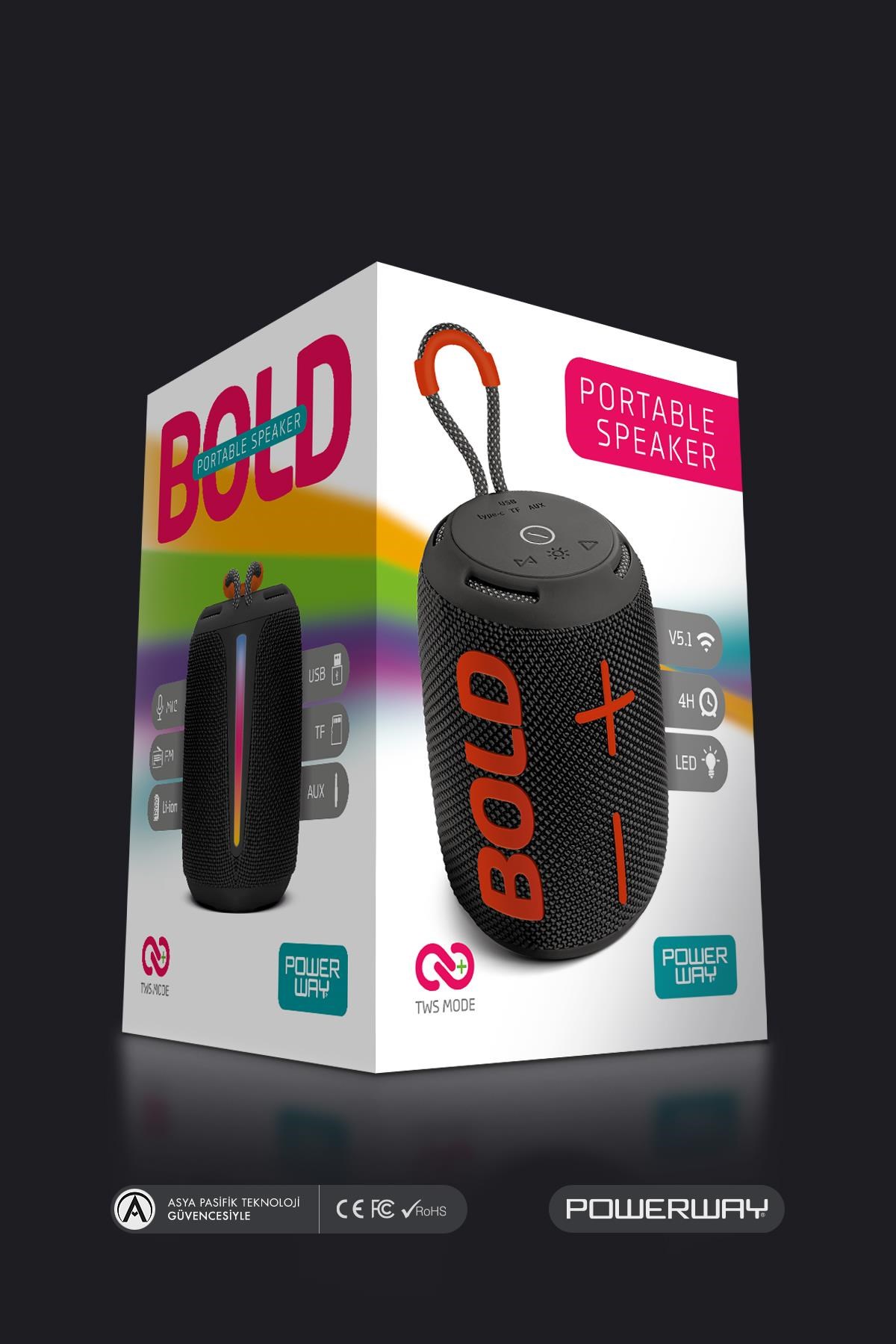 Powerway Bold Siyah Taşınabilir Ses Bombası Kablosuz Bluetooth Hoparlör Speaker Yüksek Sesli TWS