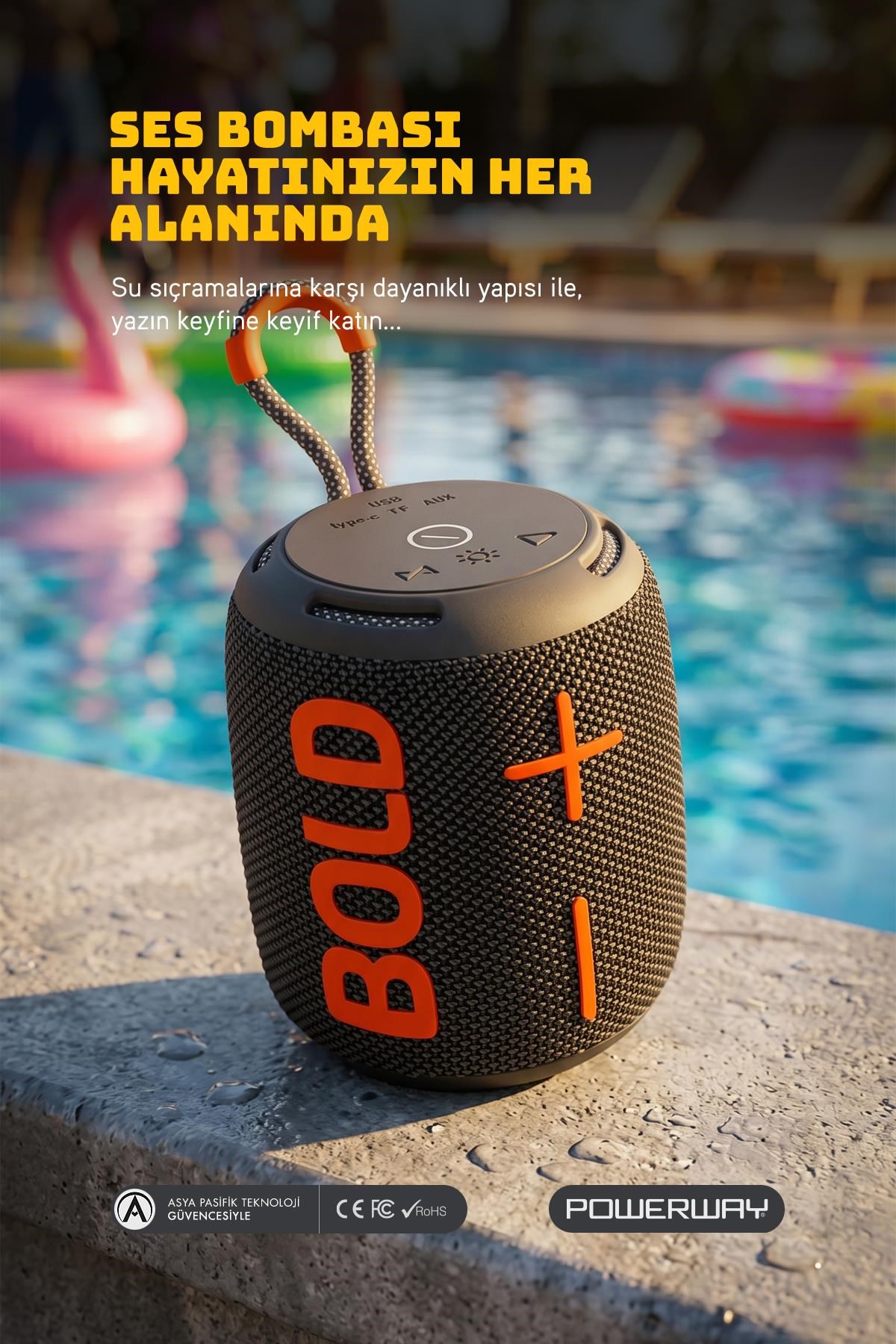 Powerway Bold Siyah Taşınabilir Ses Bombası Kablosuz Bluetooth Hoparlör Speaker Yüksek Sesli TWS