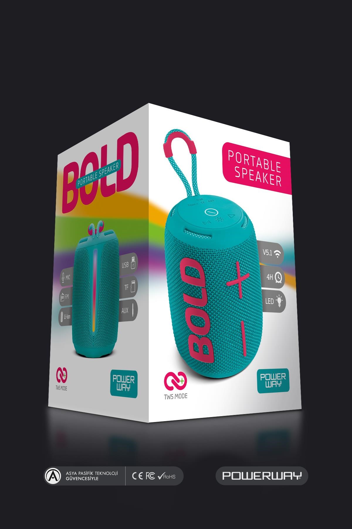 Powerway Bold Turkuaz Taşınabilir Ses Bombası Kablosuz Bluetooth Hoparlör Speaker Yüksek Sesli TWS