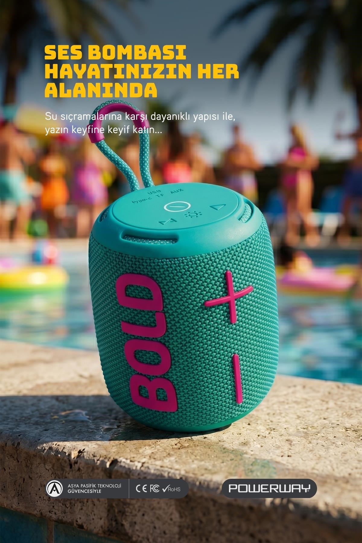 Powerway Bold Turkuaz Taşınabilir Ses Bombası Kablosuz Bluetooth Hoparlör Speaker Yüksek Sesli TWS