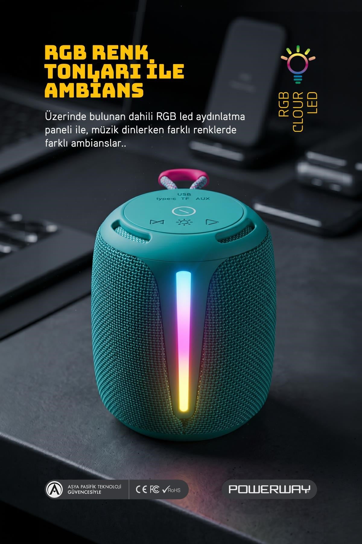 Powerway Bold Turkuaz Taşınabilir Ses Bombası Kablosuz Bluetooth Hoparlör Speaker Yüksek Sesli TWS