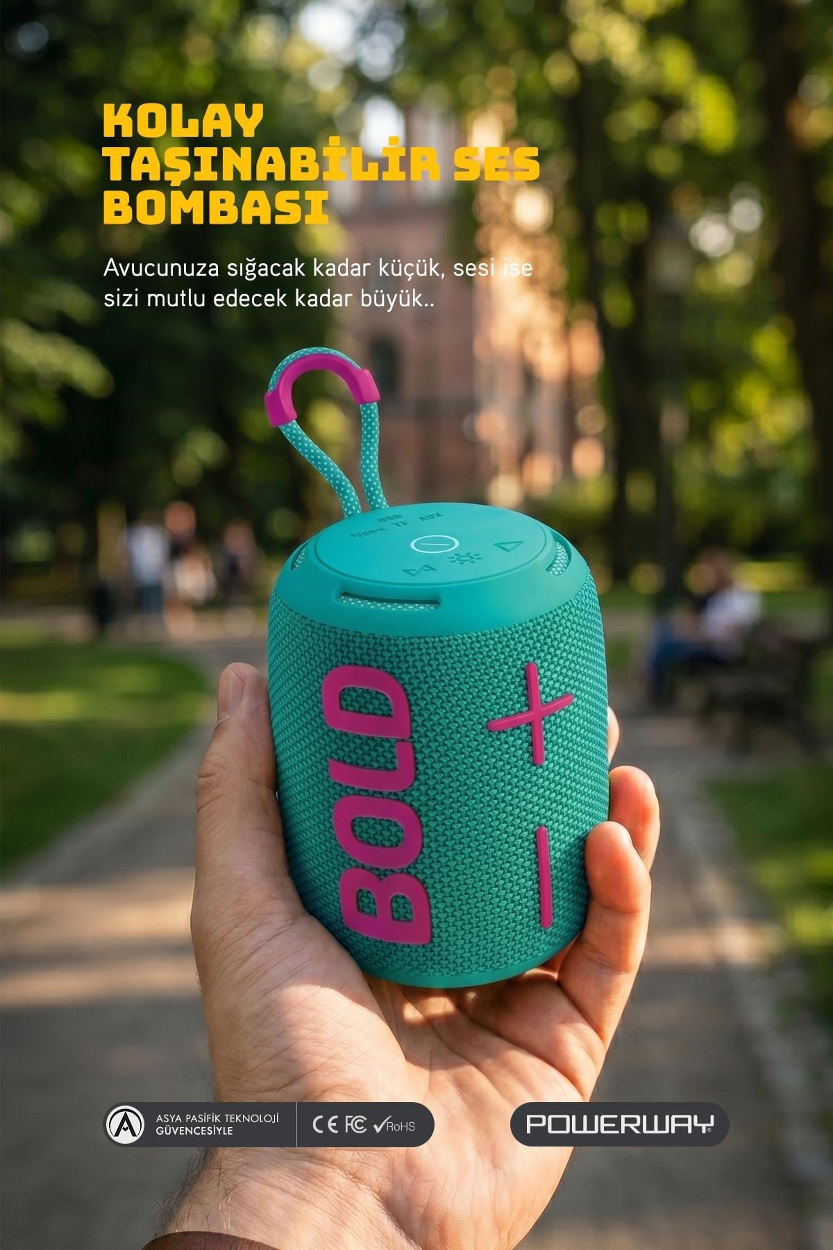 Powerway Bold Turkuaz Taşınabilir Ses Bombası Kablosuz Bluetooth Hoparlör Speaker Yüksek Sesli TWS