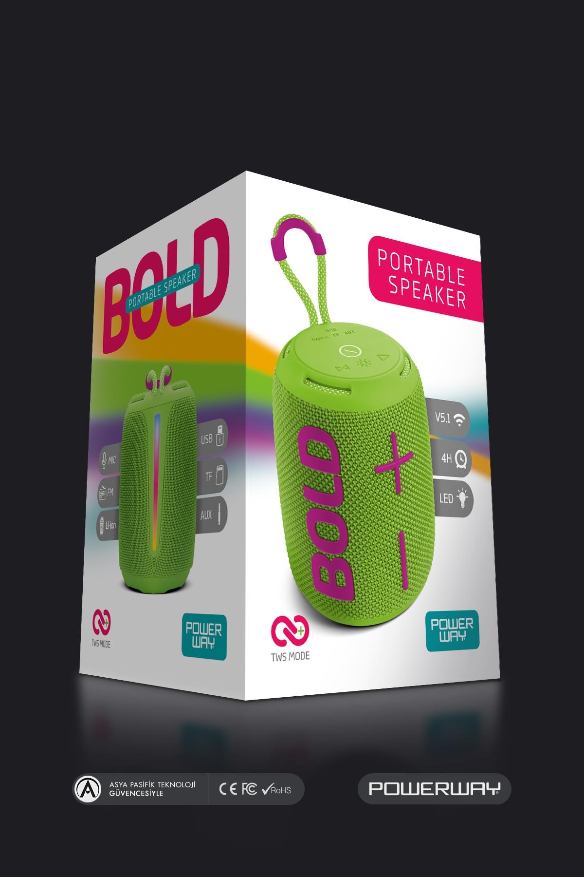 Powerway Bold Yeşil Taşınabilir Ses Bombası Kablosuz Bluetooth Hoparlör Speaker Yüksek Sesli TWS