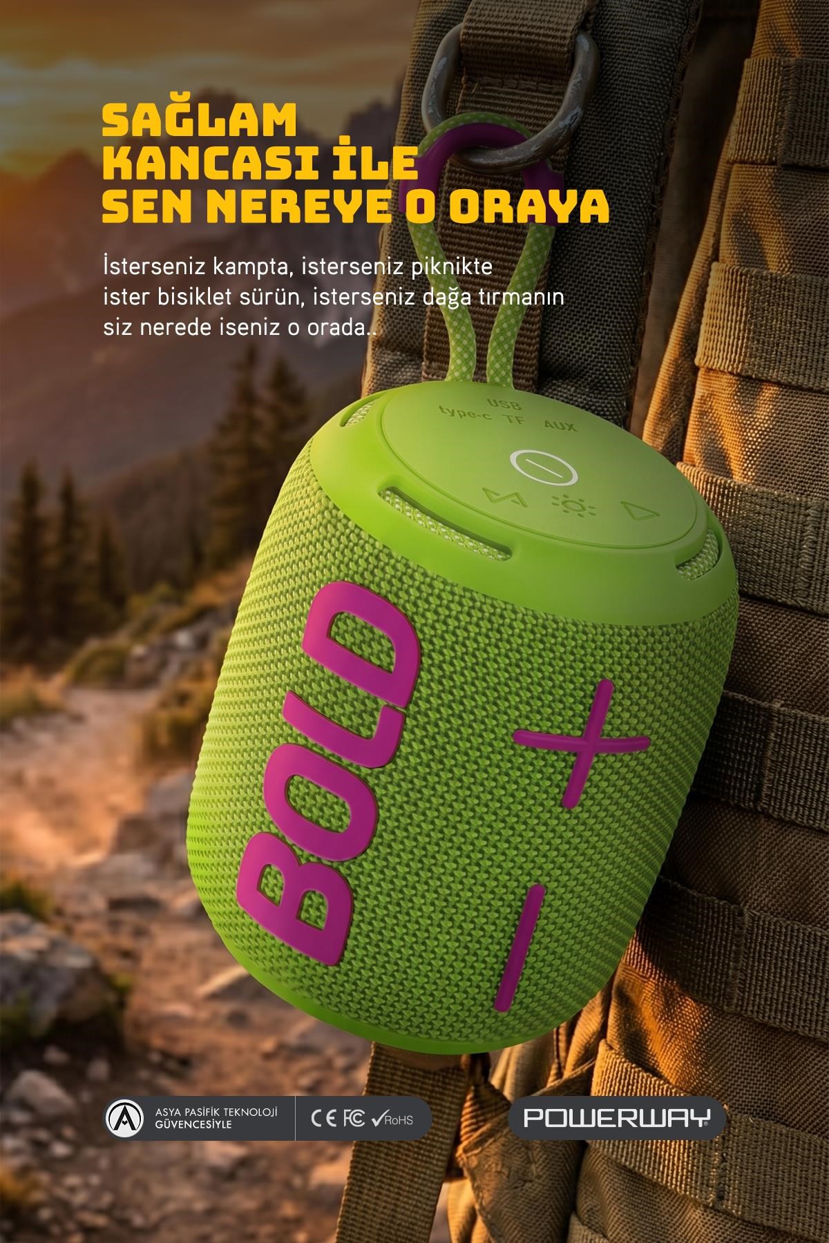 Powerway Bold Yeşil Taşınabilir Ses Bombası Kablosuz Bluetooth Hoparlör Speaker Yüksek Sesli TWS