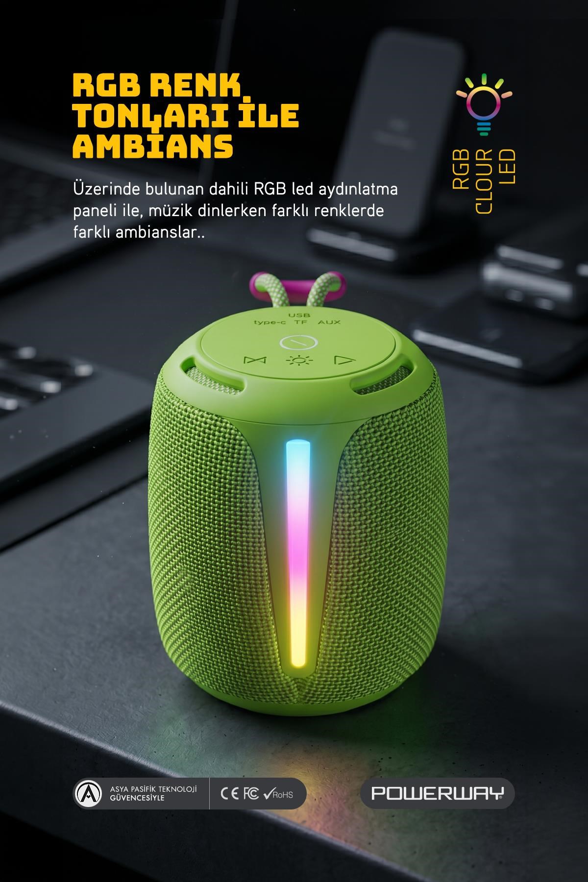 Powerway Bold Yeşil Taşınabilir Ses Bombası Kablosuz Bluetooth Hoparlör Speaker Yüksek Sesli TWS