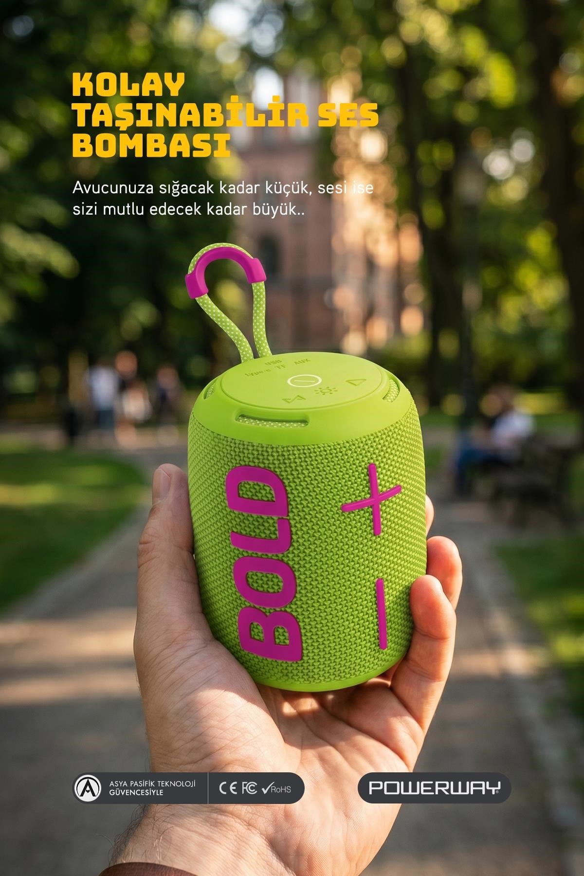 Powerway Bold Yeşil Taşınabilir Ses Bombası Kablosuz Bluetooth Hoparlör Speaker Yüksek Sesli TWS