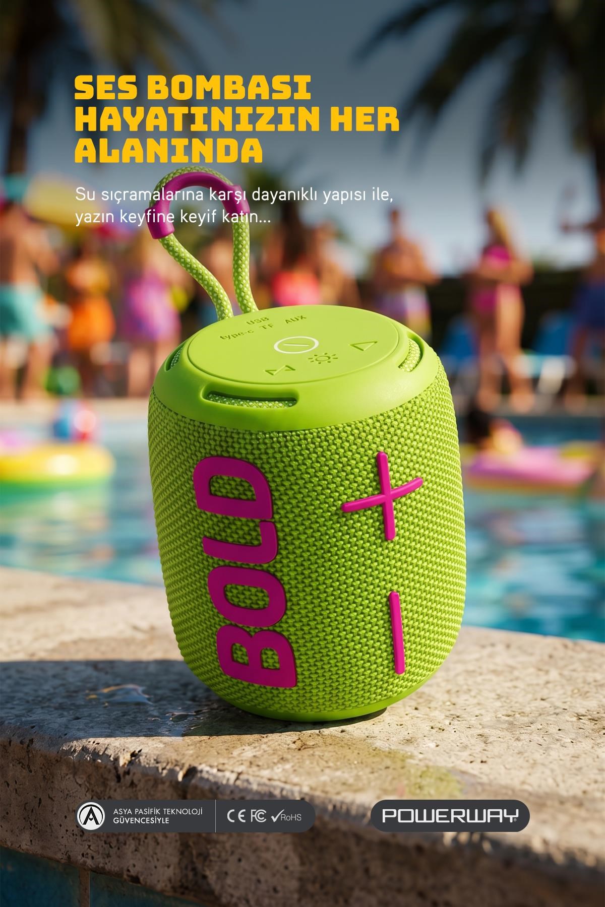 Powerway Bold Yeşil Taşınabilir Ses Bombası Kablosuz Bluetooth Hoparlör Speaker Yüksek Sesli TWS