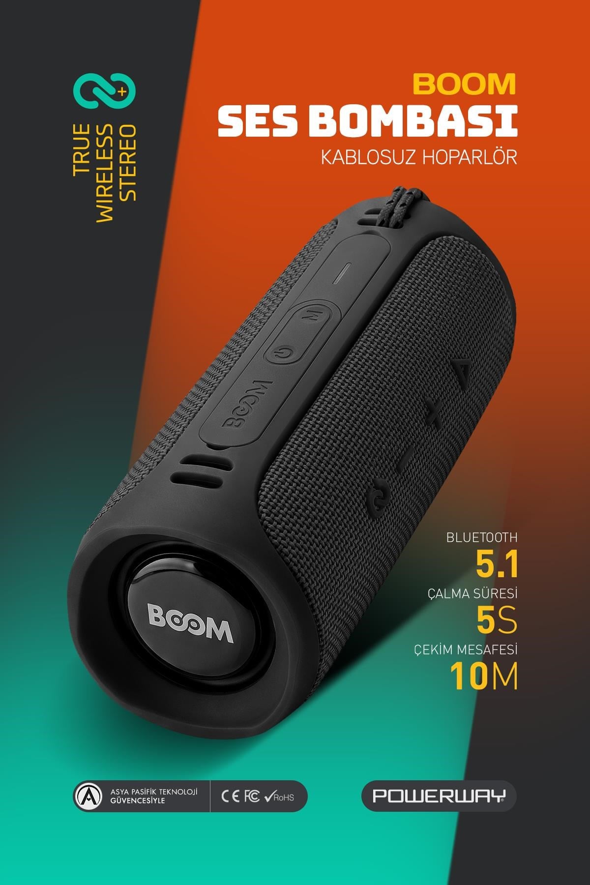Powerway Boom Siyah Taşınabilir Ses Bombası Yüksek Ses Çoklu Bağlantı