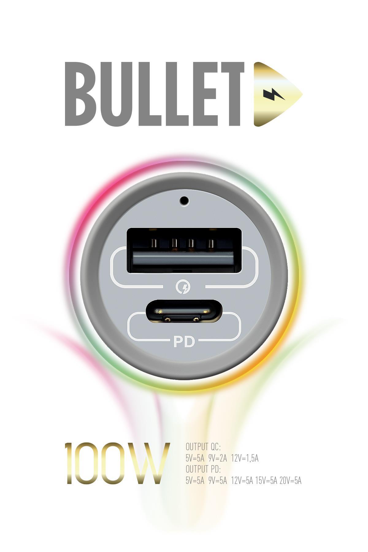 Powerway Bullet 100W Araç Çakmaklık Şarj Cihazı Type-C ve Usb Çıkışlı Profesyonel Turbo Hızlı Şarj