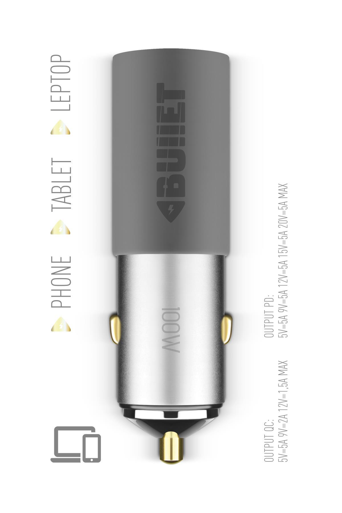 Powerway Bullet 100W Araç Çakmaklık Şarj Cihazı Type-C ve Usb Çıkışlı Profesyonel Turbo Hızlı Şarj