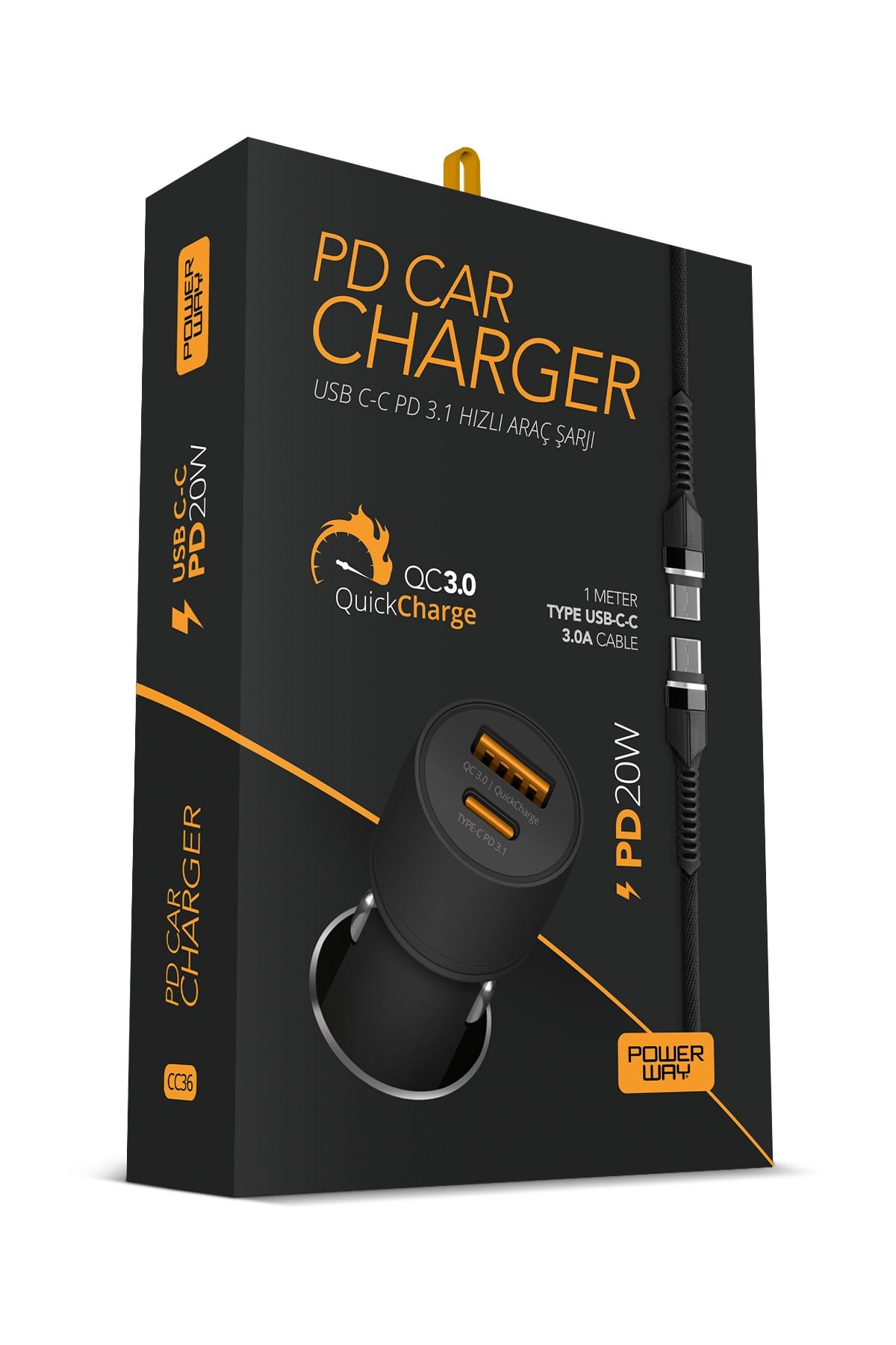 Powerway CC36 Araç İçi Hızlı Şarj Cihazı | 30W PD QC 3.0 Type-C USB Çıkışlı + Type-C Şarj Kablosu
