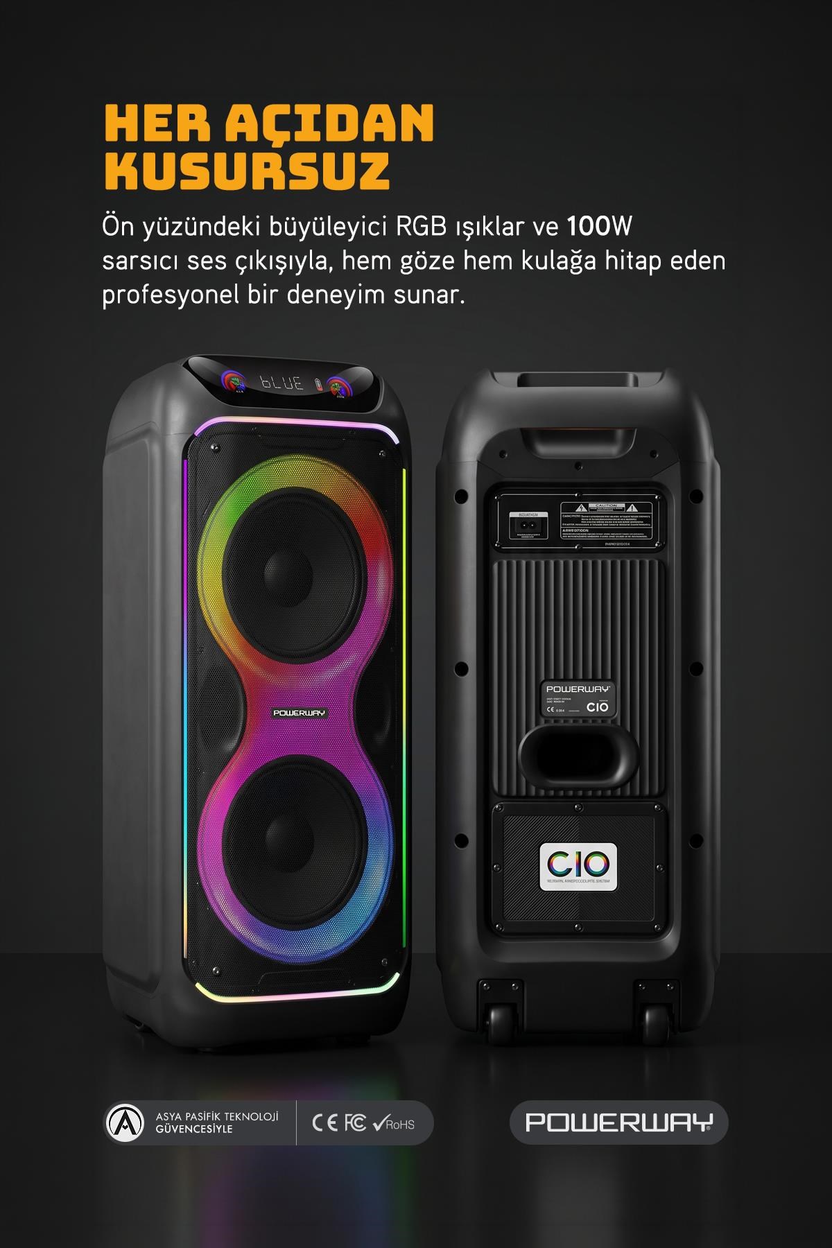 Powerway CIO 100W Hoparlör Gitar Saz Girişli Karaoke Parti Ses Sistemi 80 CM Dijital Ekran +Bass Pro