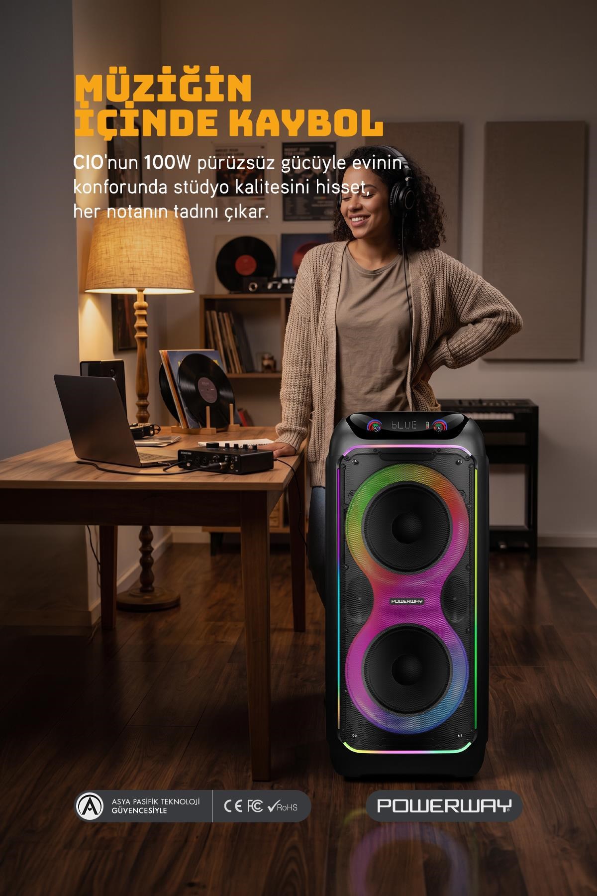 Powerway CIO 100W Hoparlör Gitar Saz Girişli Karaoke Parti Ses Sistemi 80 CM Dijital Ekran +Bass Pro