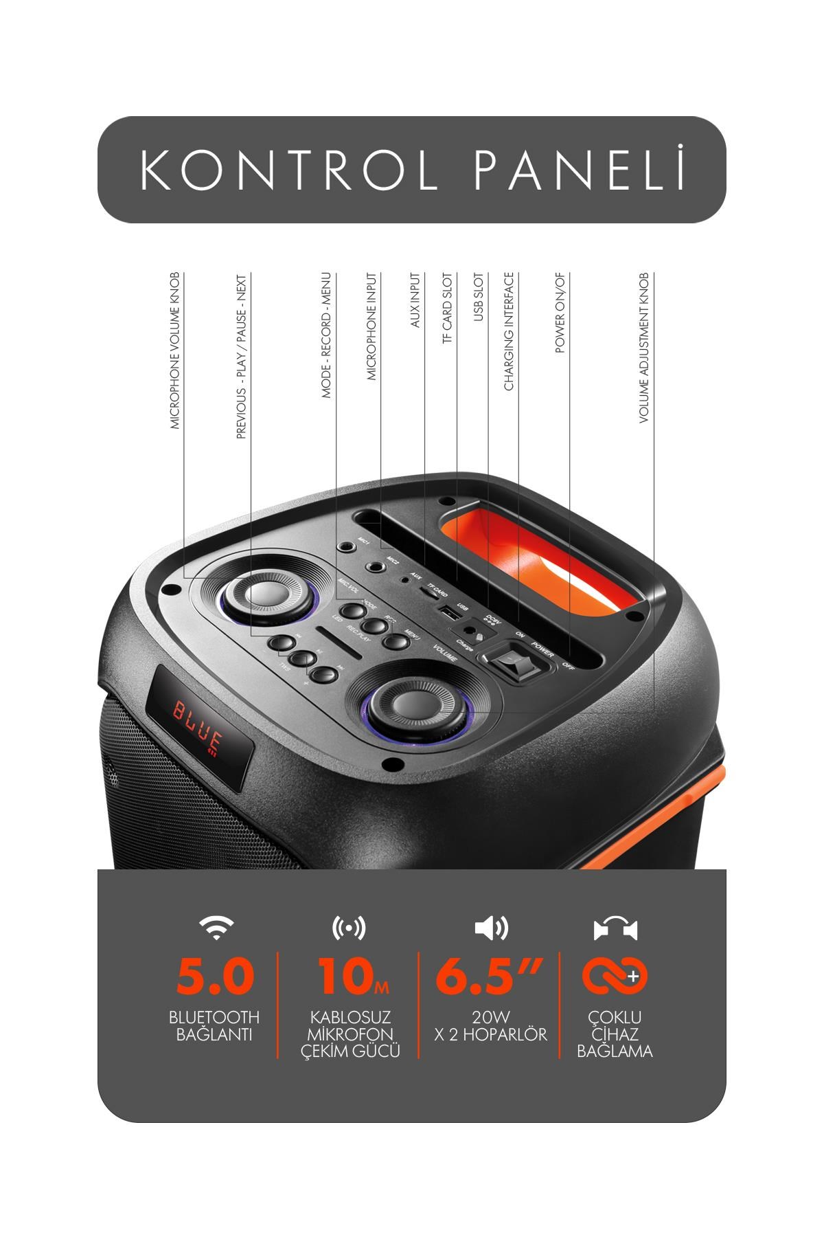 Powerway DUO XL Taşınabilir Mikrofonlu 20x2 W Karaoke Ses Kayıt Bluetooth Hoparlör Led Işıklı