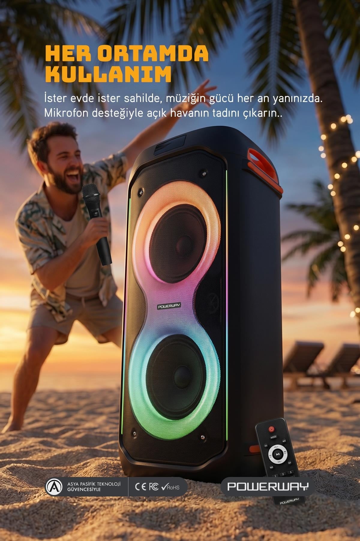 Powerway DUO XL Taşınabilir Mikrofonlu 20x2 W Karaoke Ses Kayıt Bluetooth Hoparlör Led Işıklı