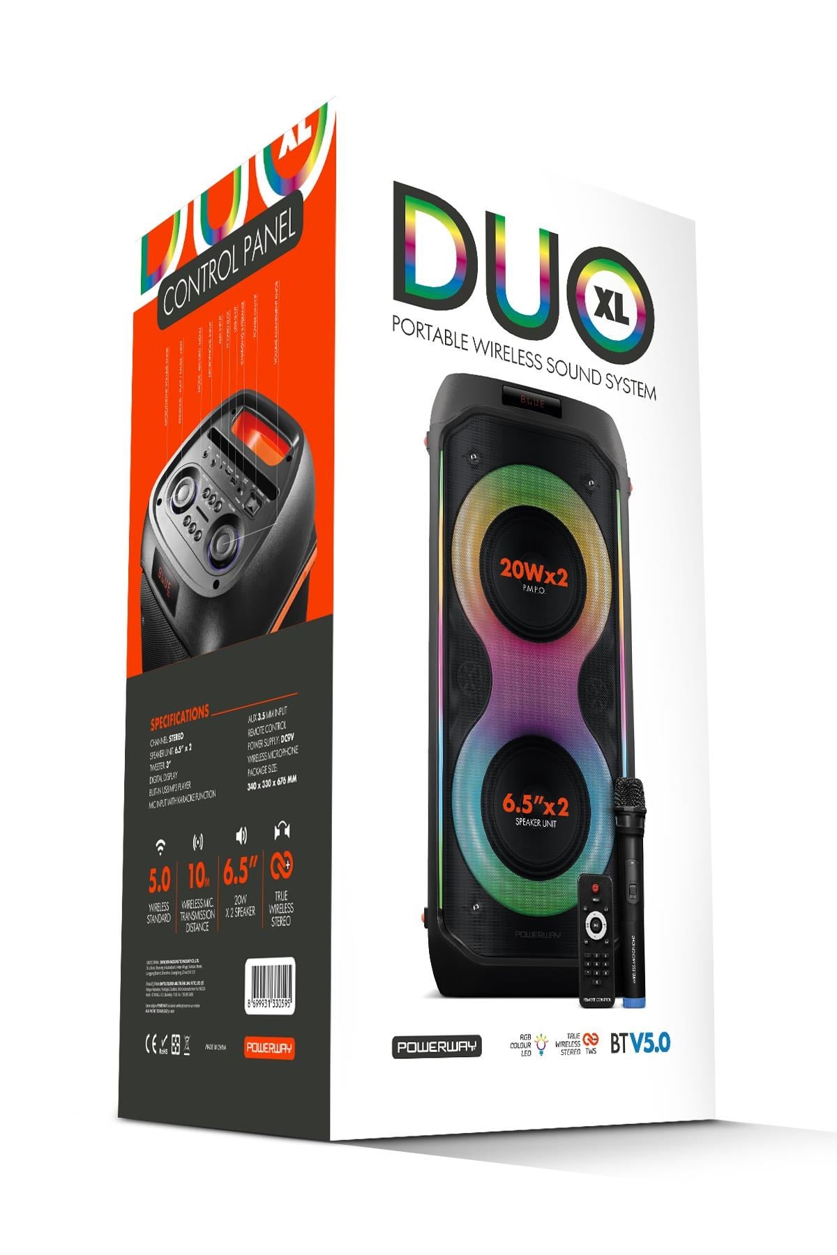 Powerway DUO XL Taşınabilir Mikrofonlu 20x2 W Karaoke Ses Kayıt Bluetooth Hoparlör Led Işıklı