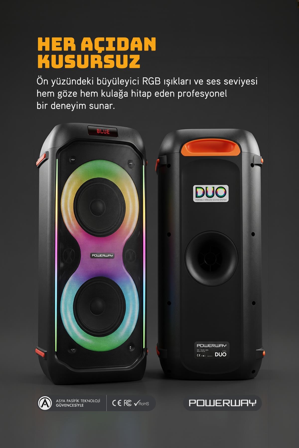 Powerway DUO XL Taşınabilir Mikrofonlu 20x2 W Karaoke Ses Kayıt Bluetooth Hoparlör Led Işıklı