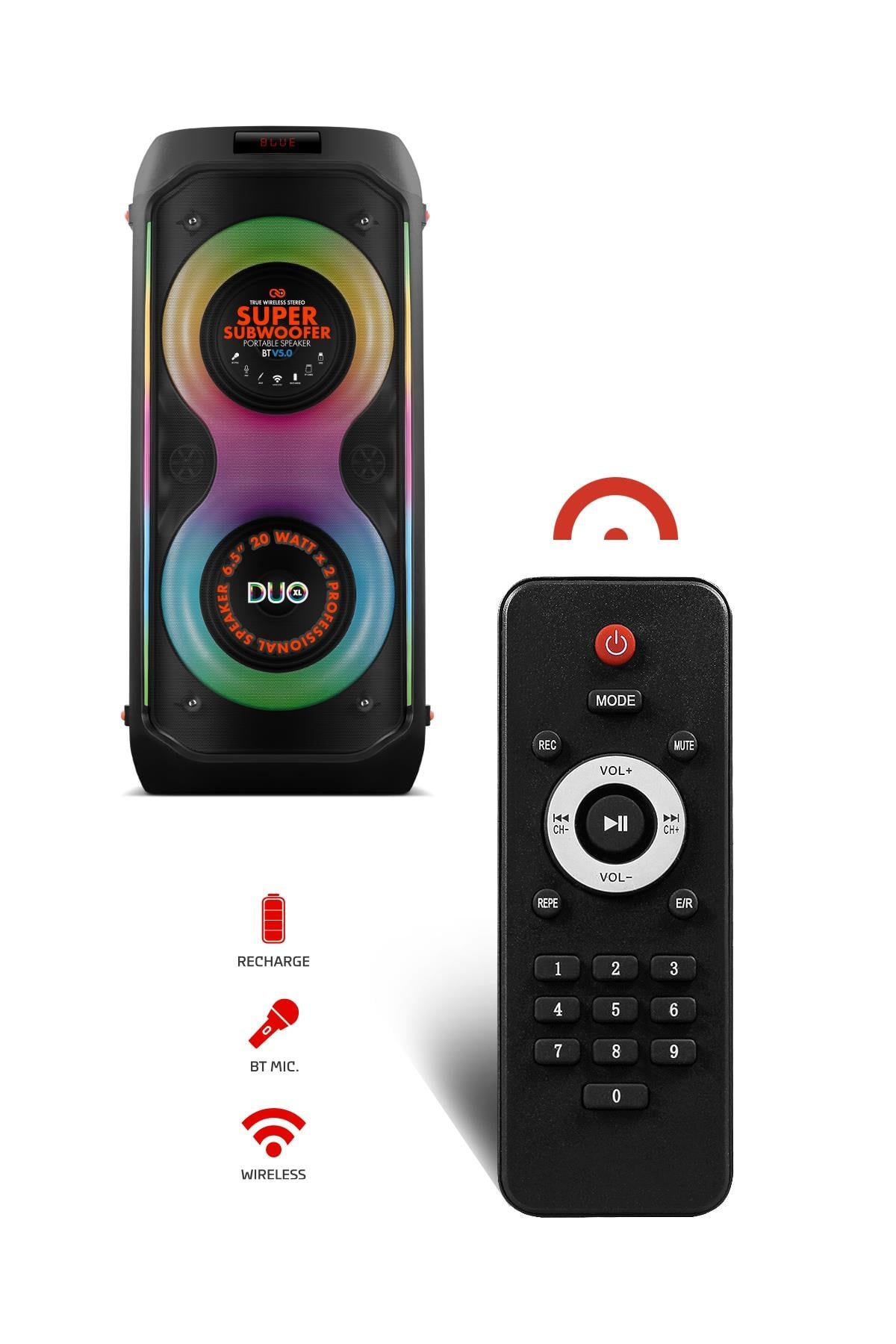 Powerway DUO XL Taşınabilir Mikrofonlu 20x2 W Karaoke Ses Kayıt Bluetooth Hoparlör Led Işıklı