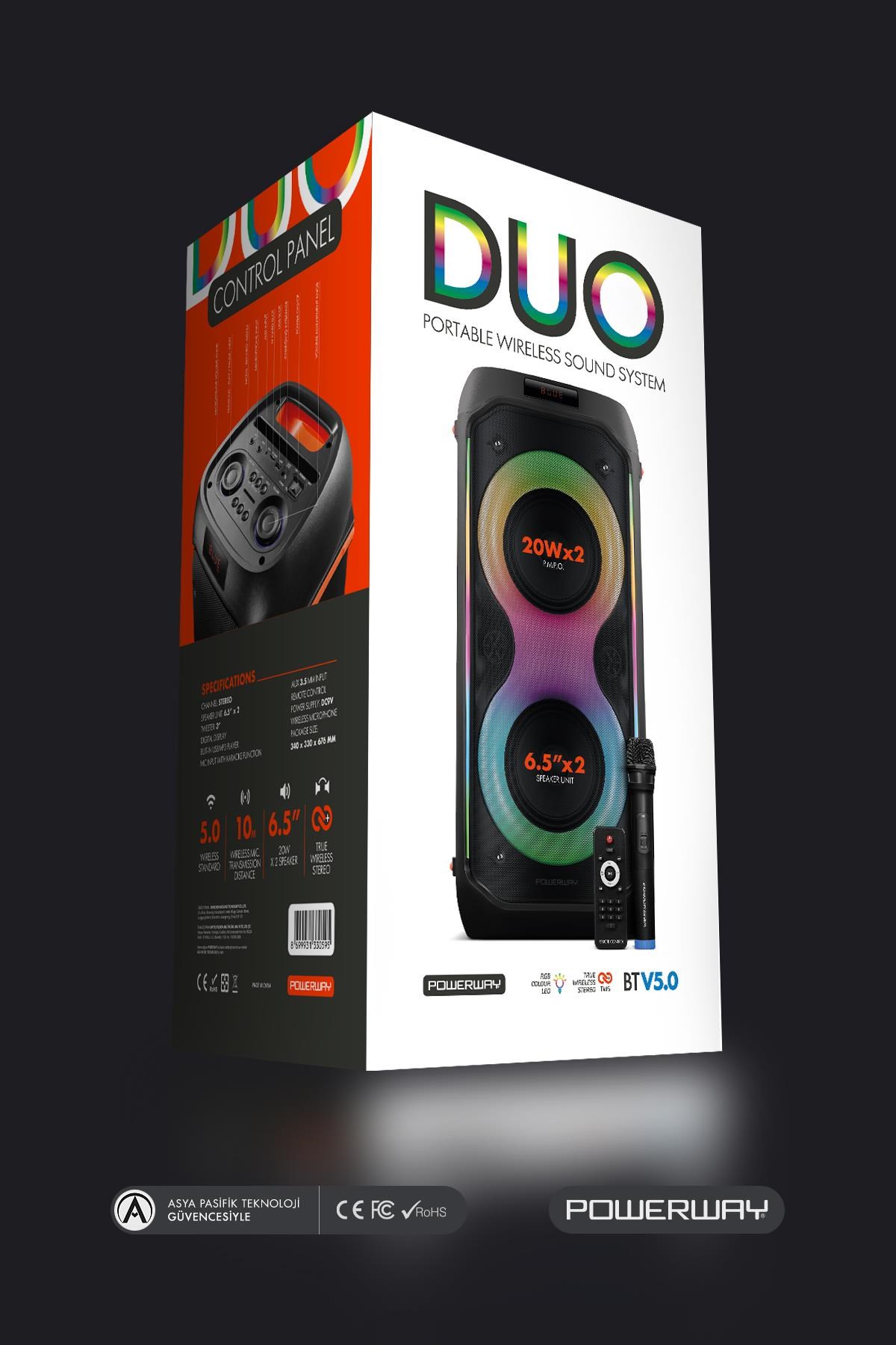 Powerway DUO XL Taşınabilir Mikrofonlu 20x2 W Karaoke Ses Kayıt Bluetooth Hoparlör Led Işıklı
