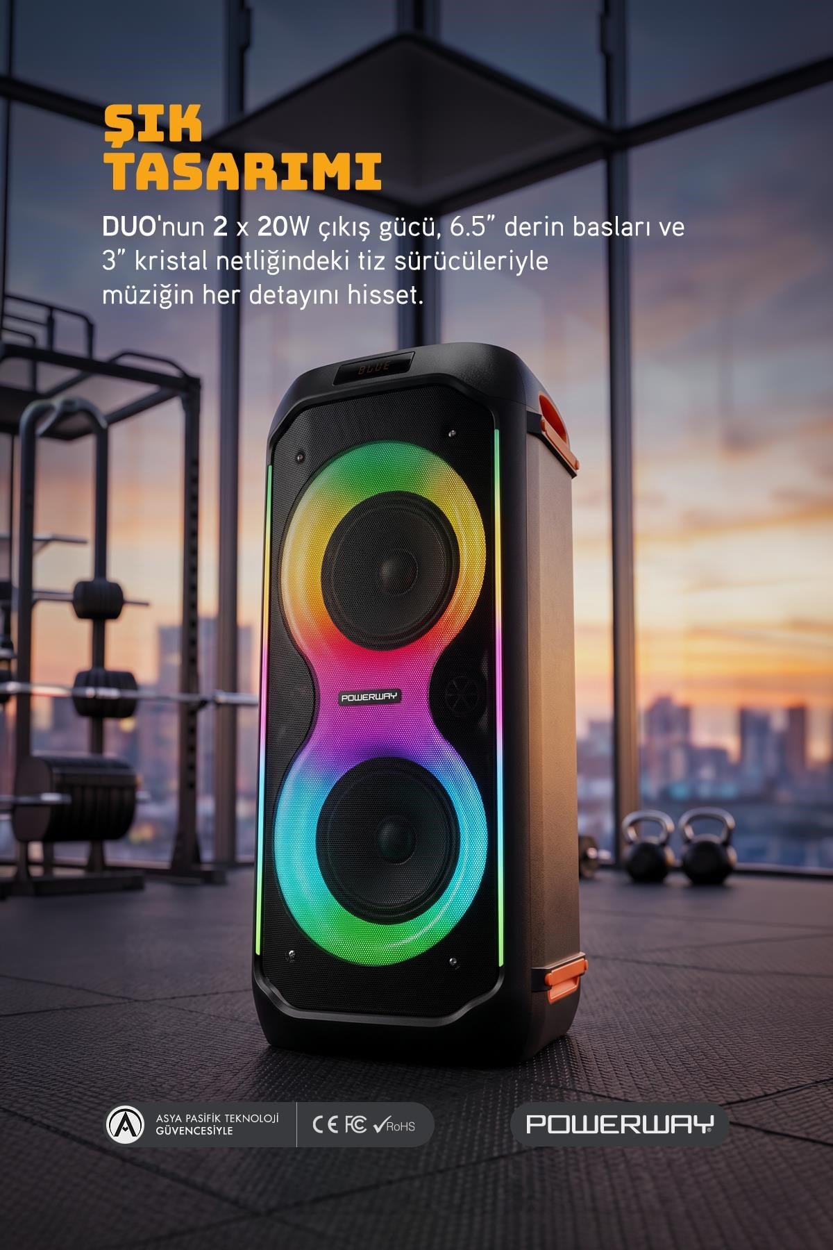 Powerway DUO XL Taşınabilir Mikrofonlu 20x2 W Karaoke Ses Kayıt Bluetooth Hoparlör Led Işıklı