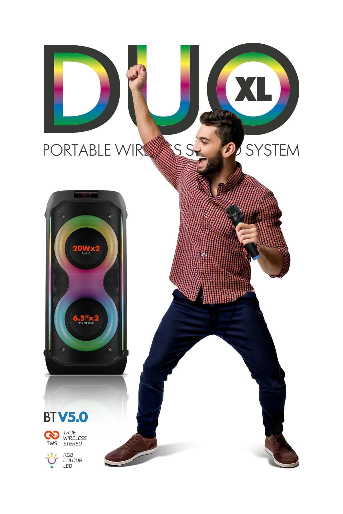 Powerway DUO XL Taşınabilir Mikrofonlu 20x2 W Karaoke Ses Kayıt Bluetooth Hoparlör Led Işıklı